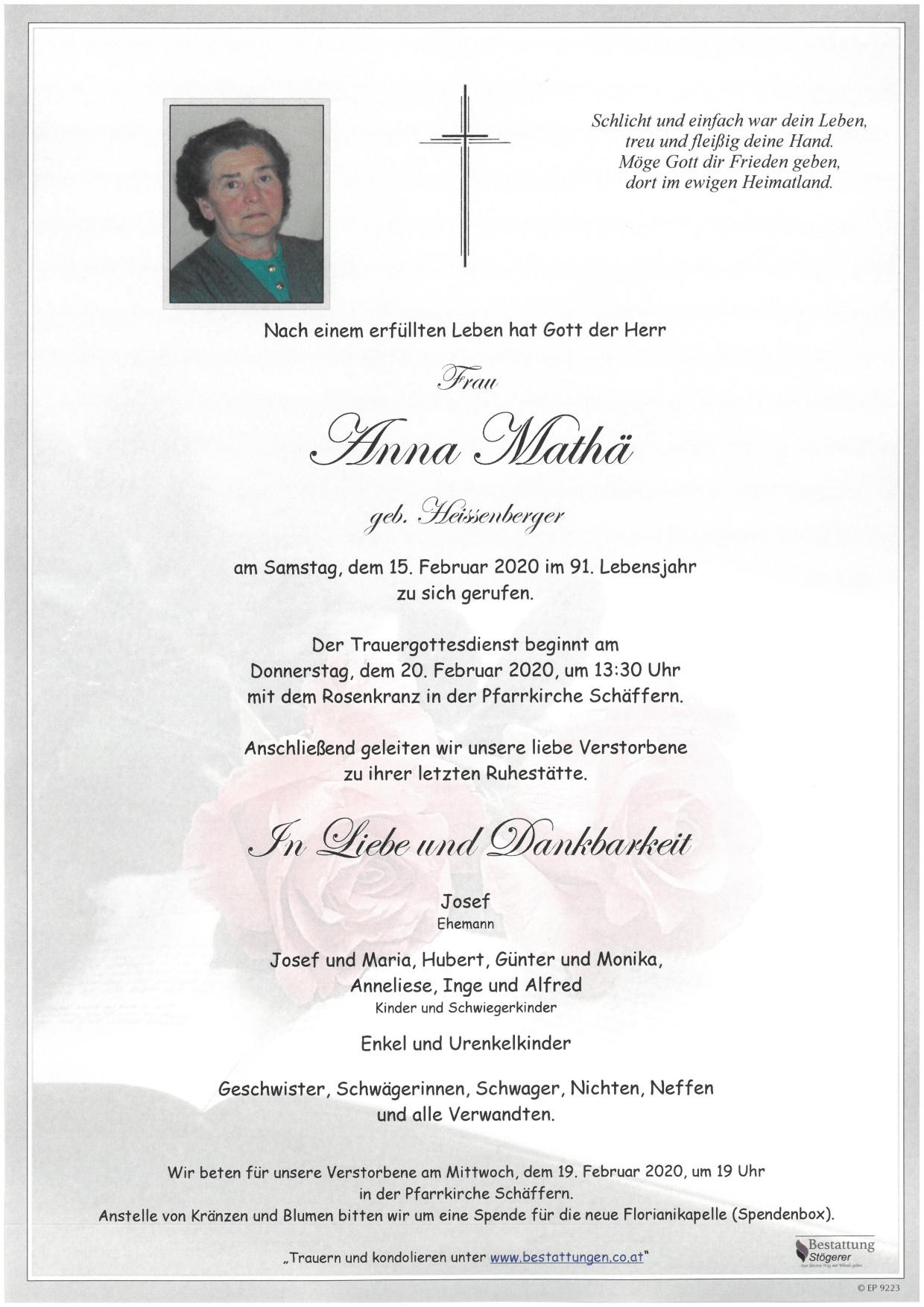 Traueranzeige von Anna Mathä