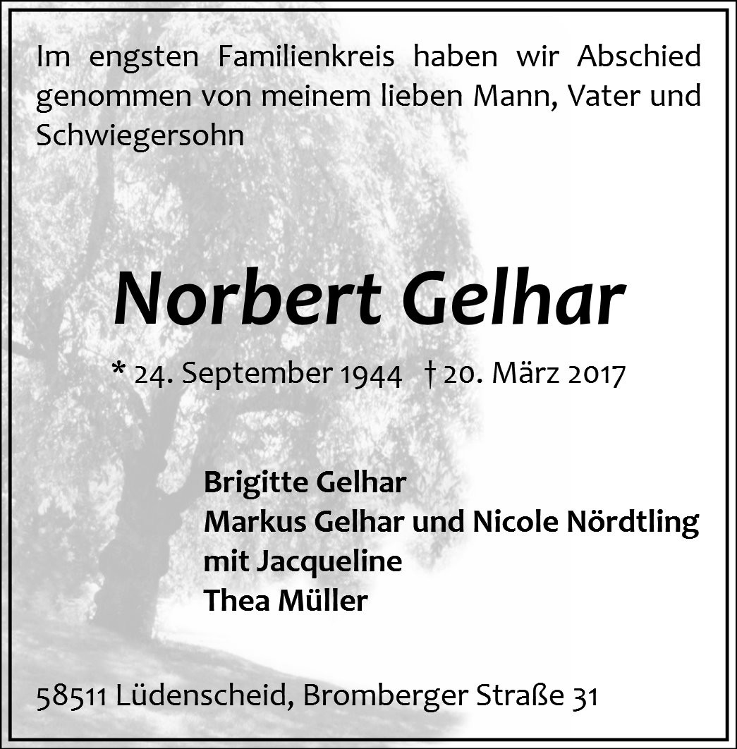 Traueranzeige von Norberg Gelhar
