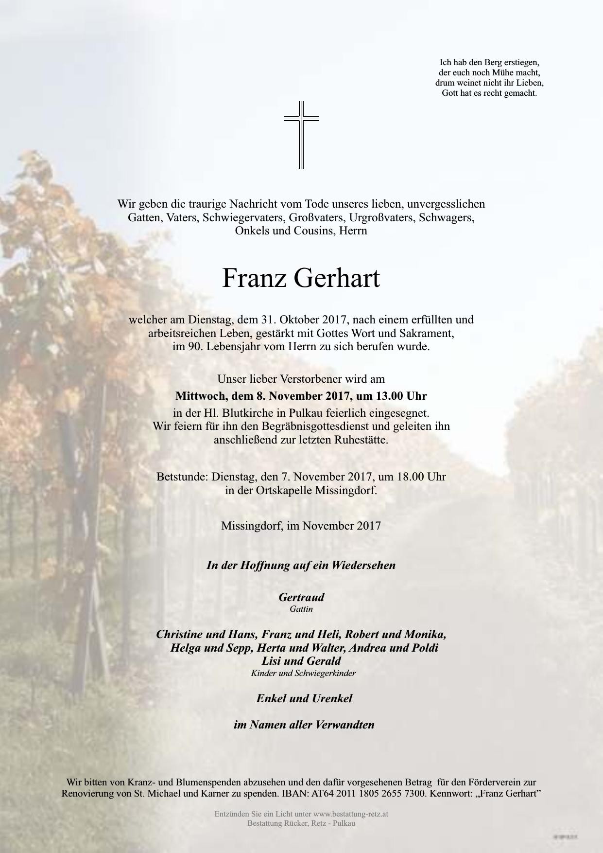 Traueranzeige von Franz Gerhart