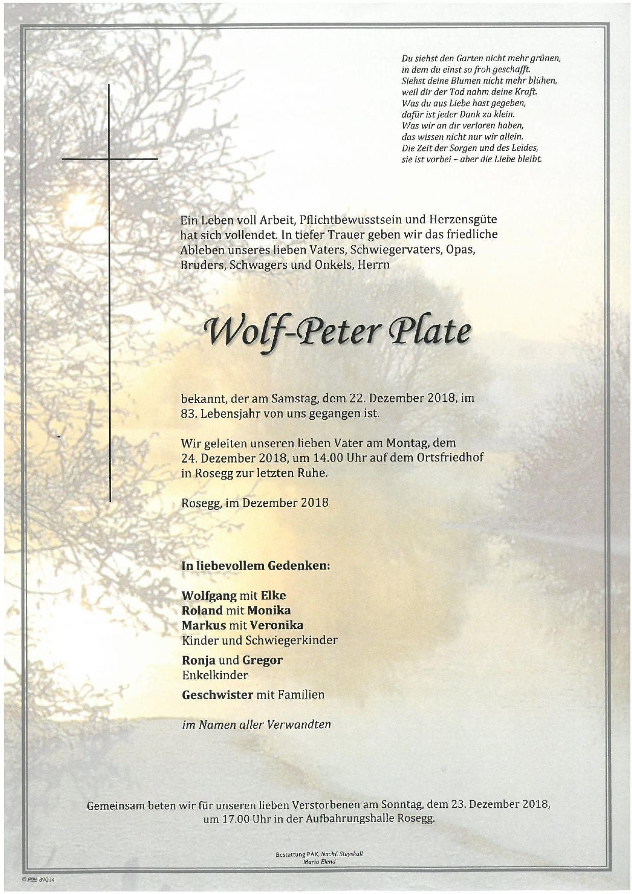 Traueranzeige von Wolf-Peter Plate
