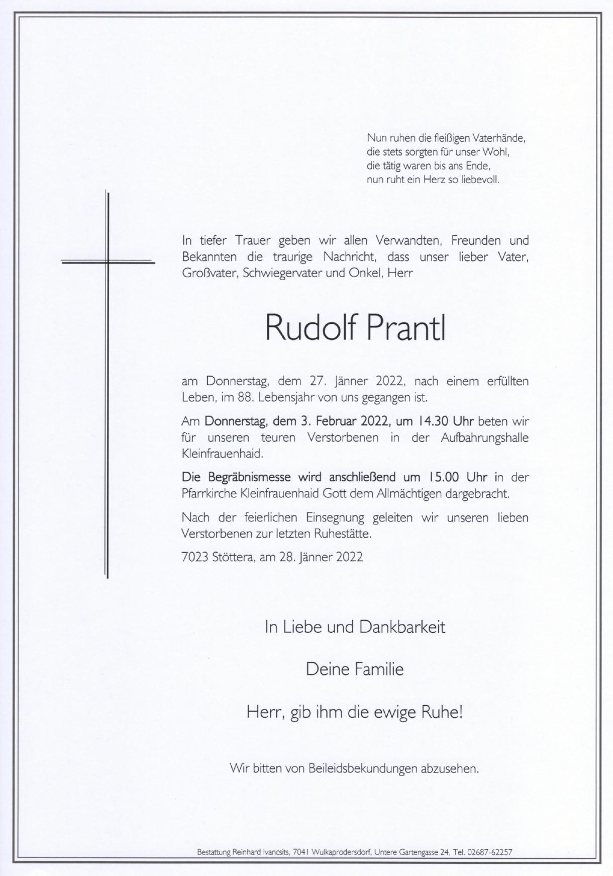 Traueranzeige von Rudolf Prantl
