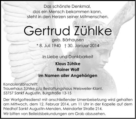 Traueranzeige von Gertrud Zühlke