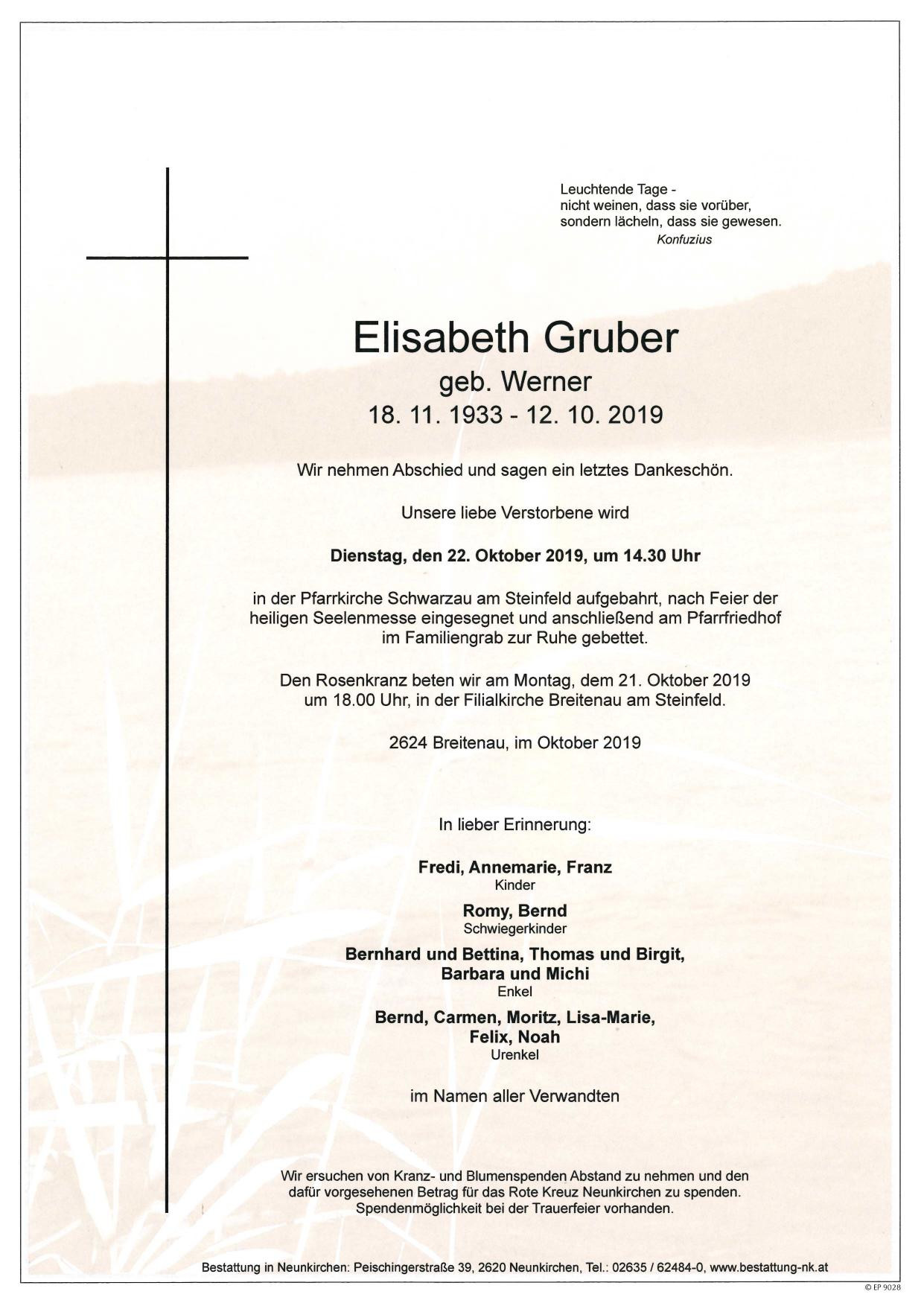 Traueranzeige von Elisabeth Gruber