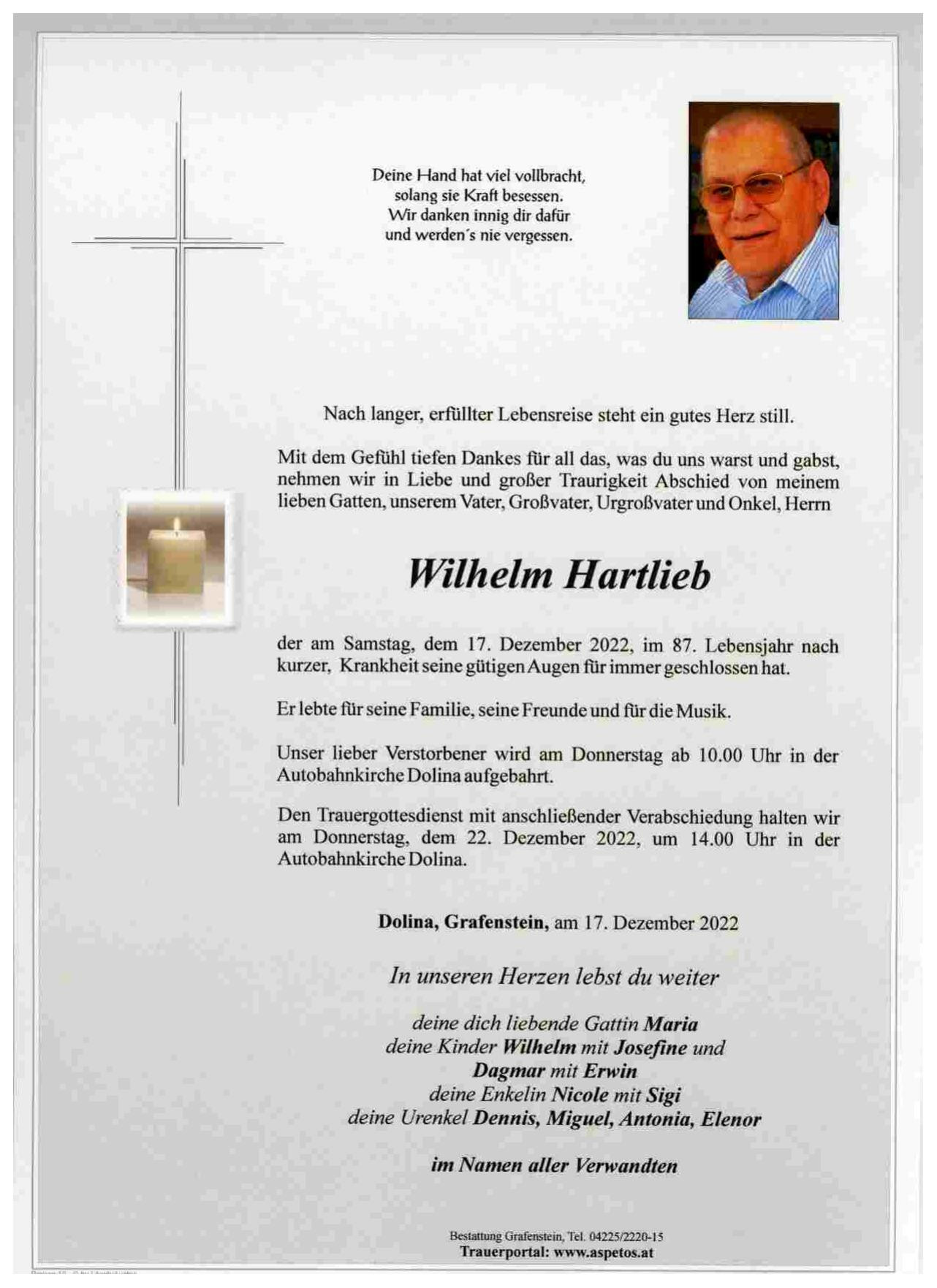 Traueranzeige von Wilhelm Hartlieb