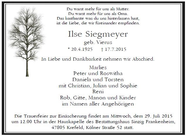 Traueranzeige von Ilse Siegmeyer