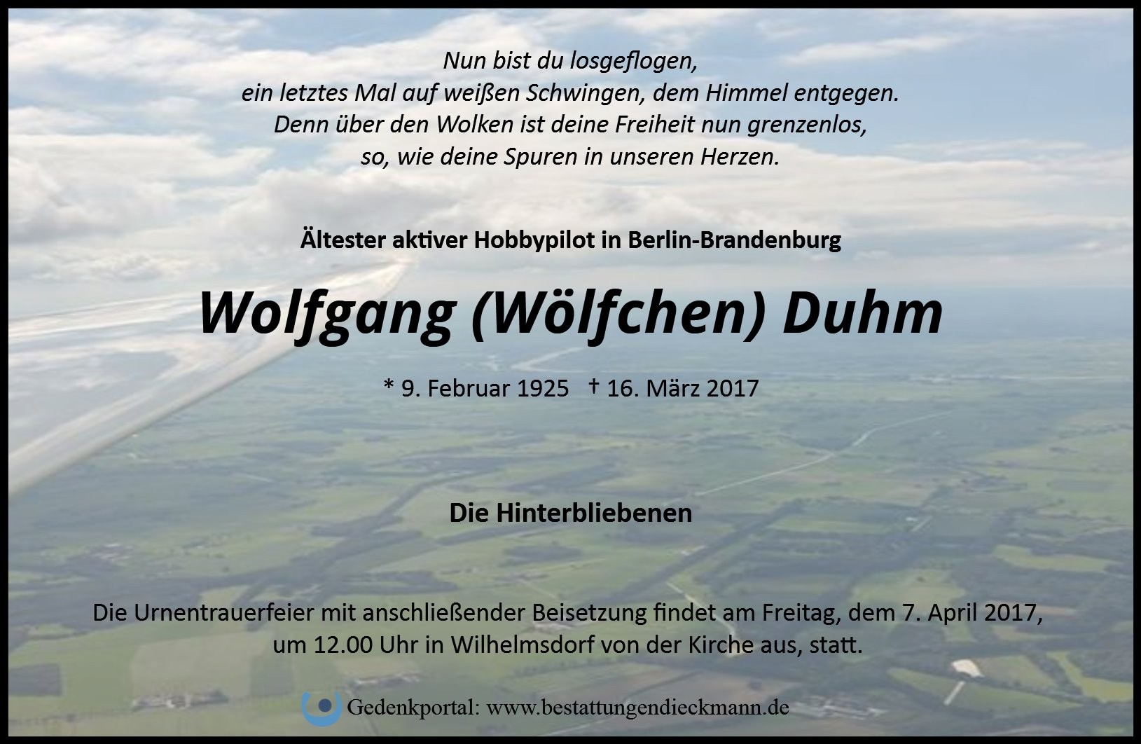 Traueranzeige von Wolfgang Duhm
