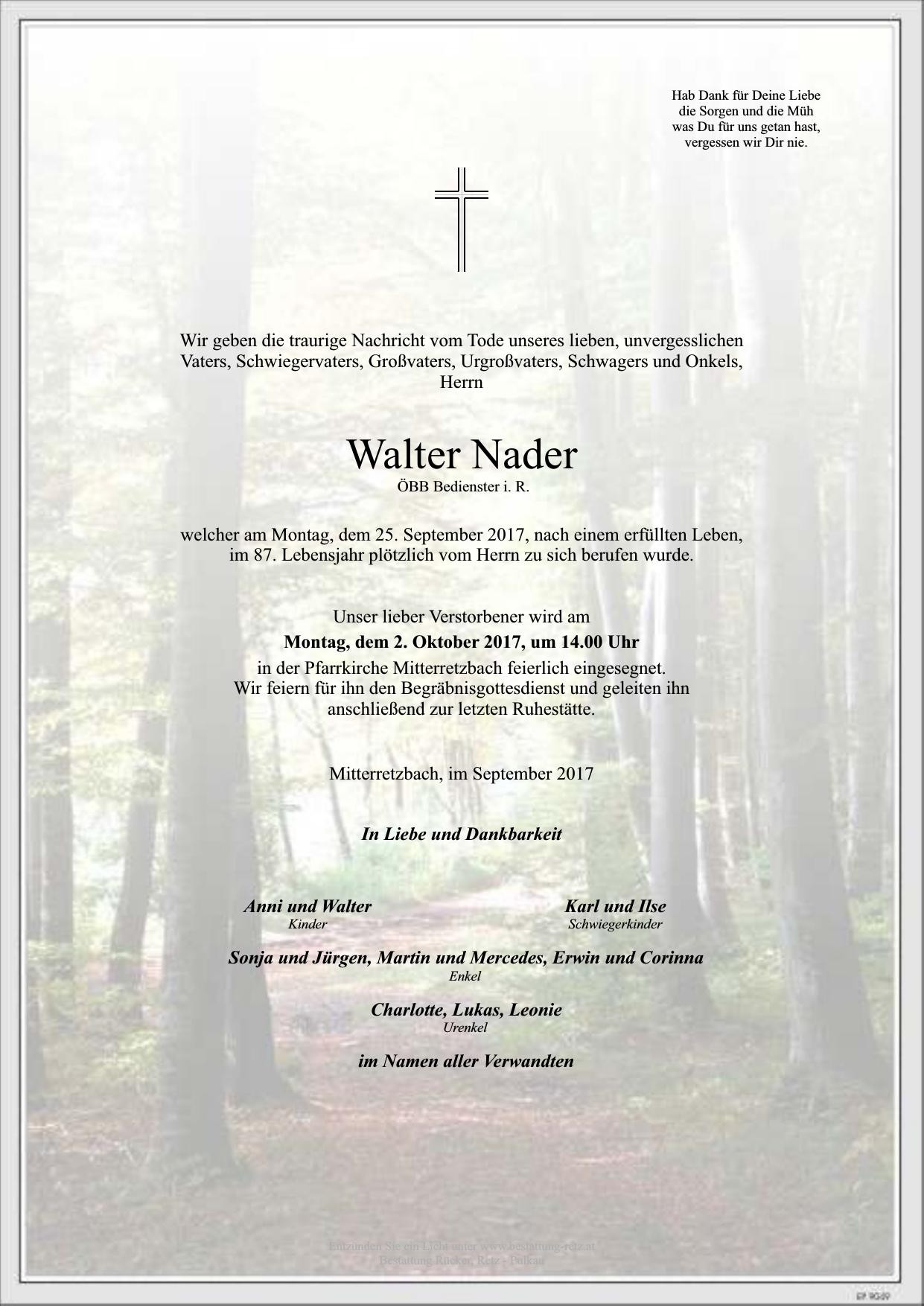 Traueranzeige von Walter Nader