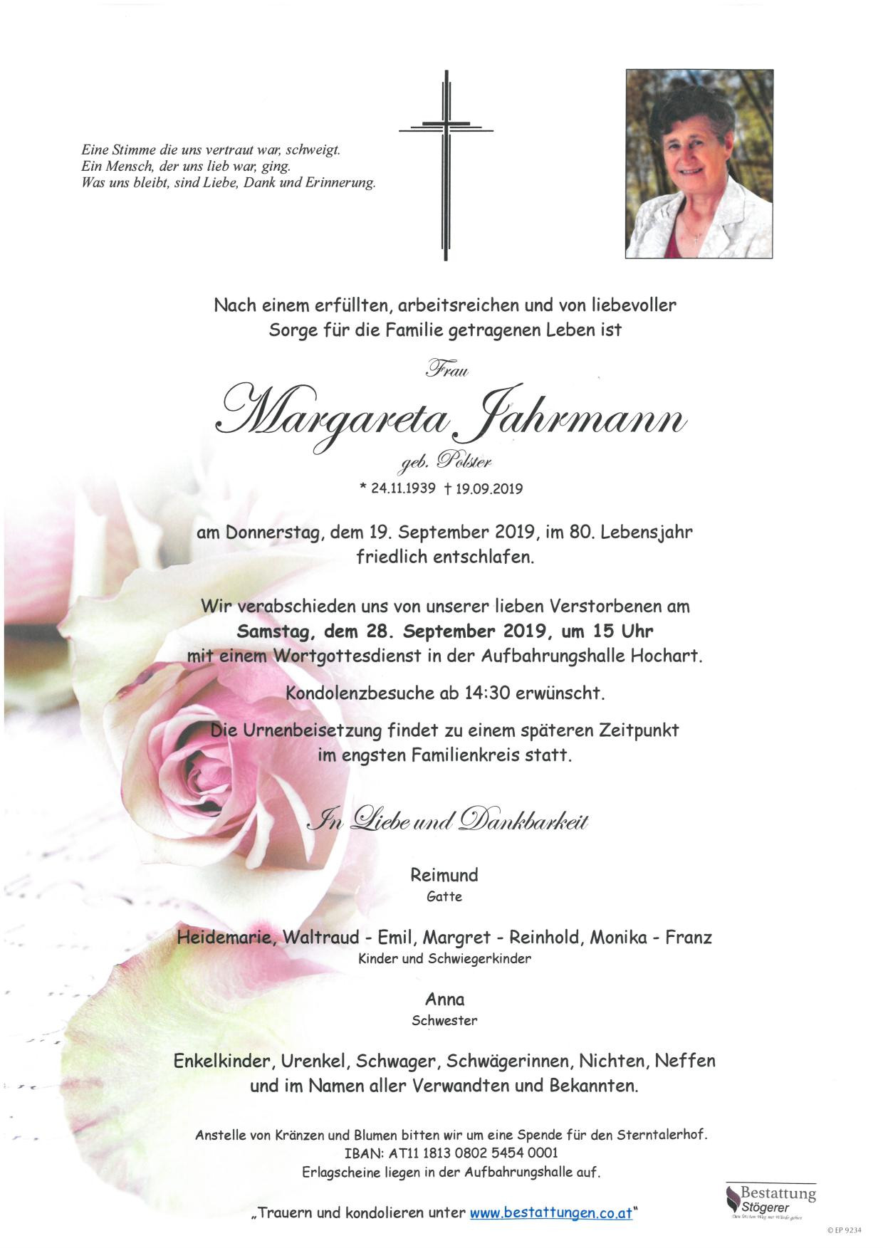 Traueranzeige von Margareta Jahrmann