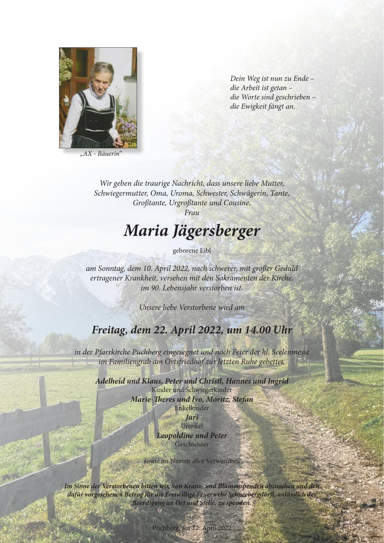 Traueranzeige von Maria Jägersberger