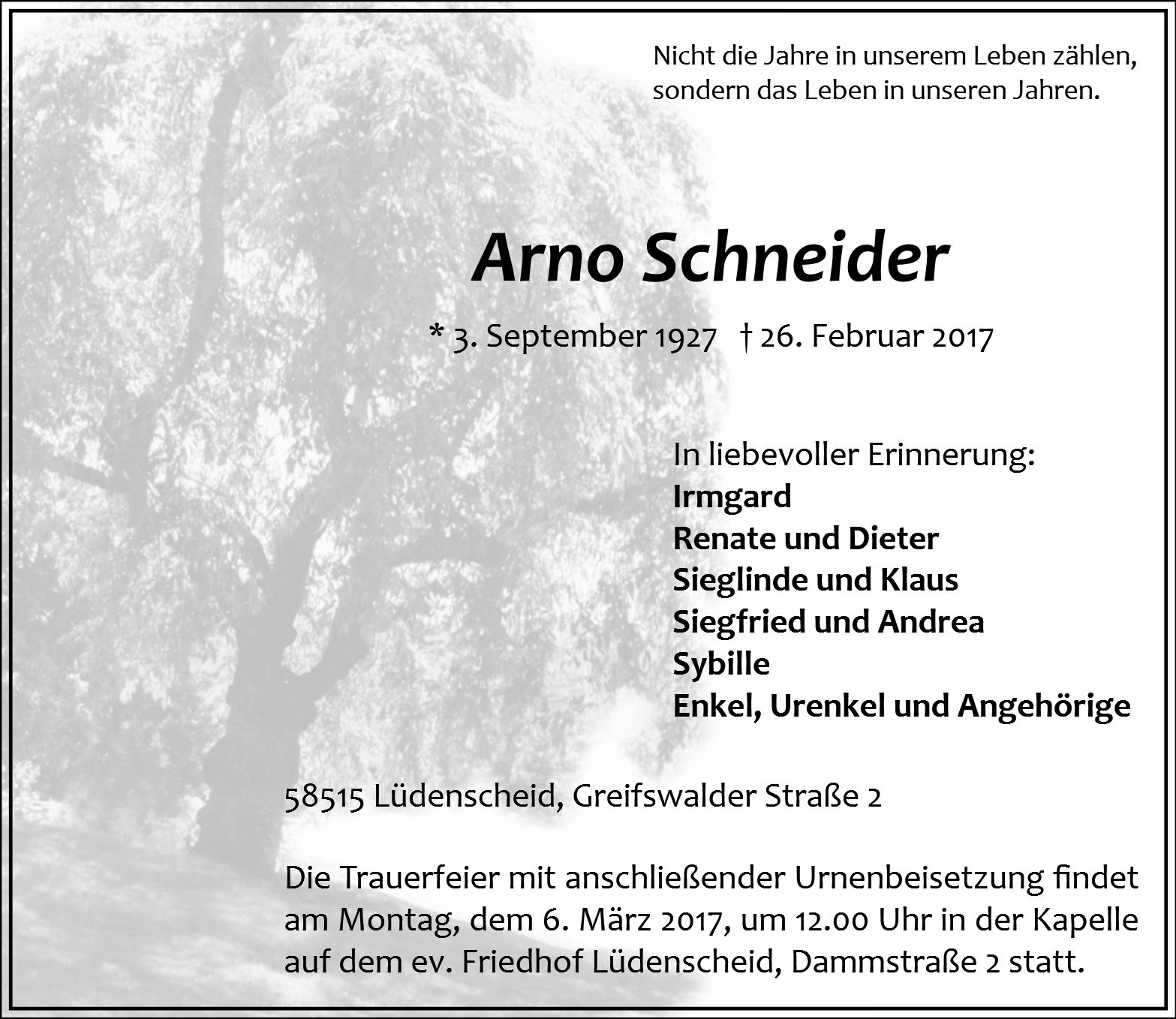 Traueranzeige von Arno Schneider