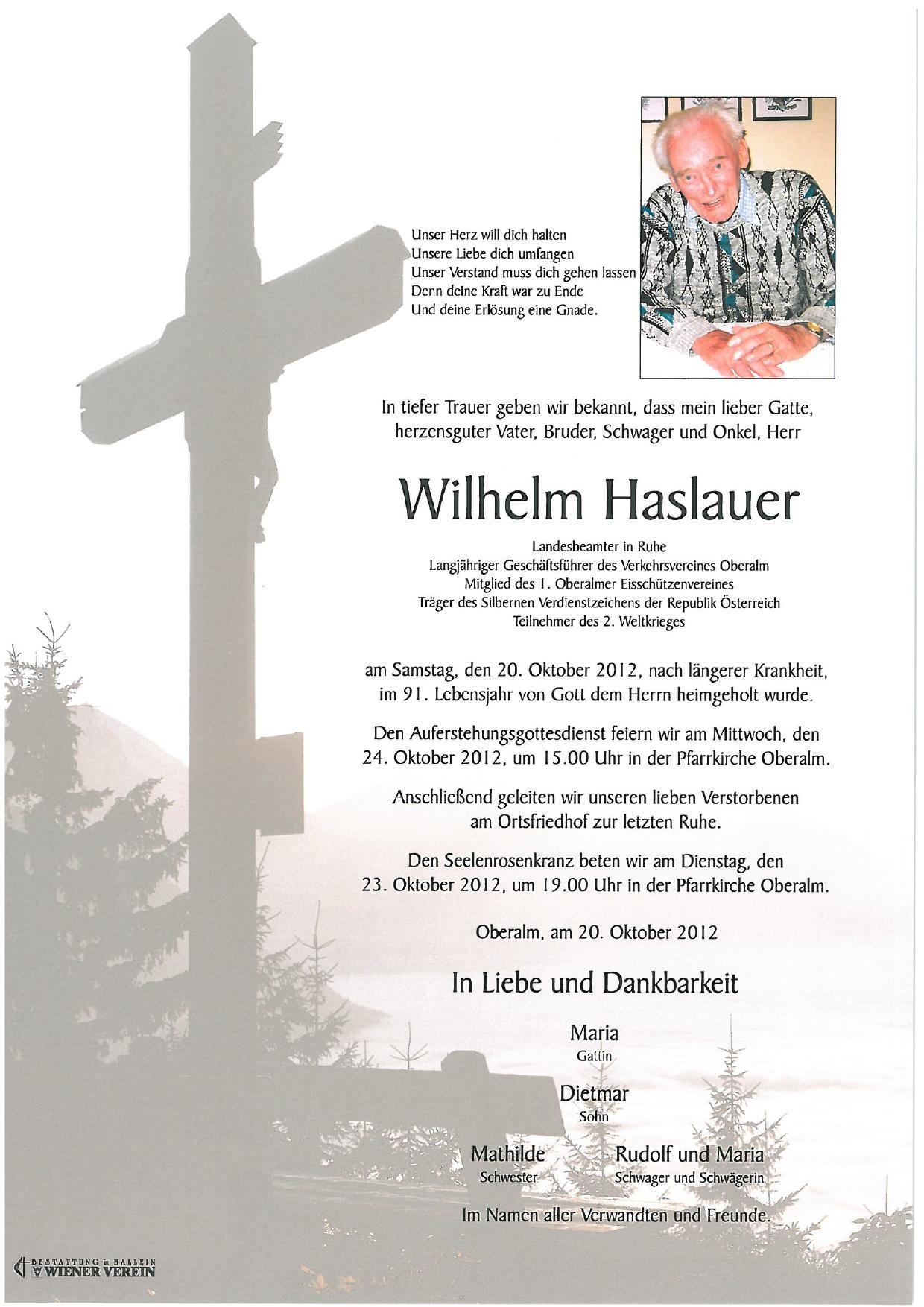Traueranzeige von Wilhelm Haslauer
