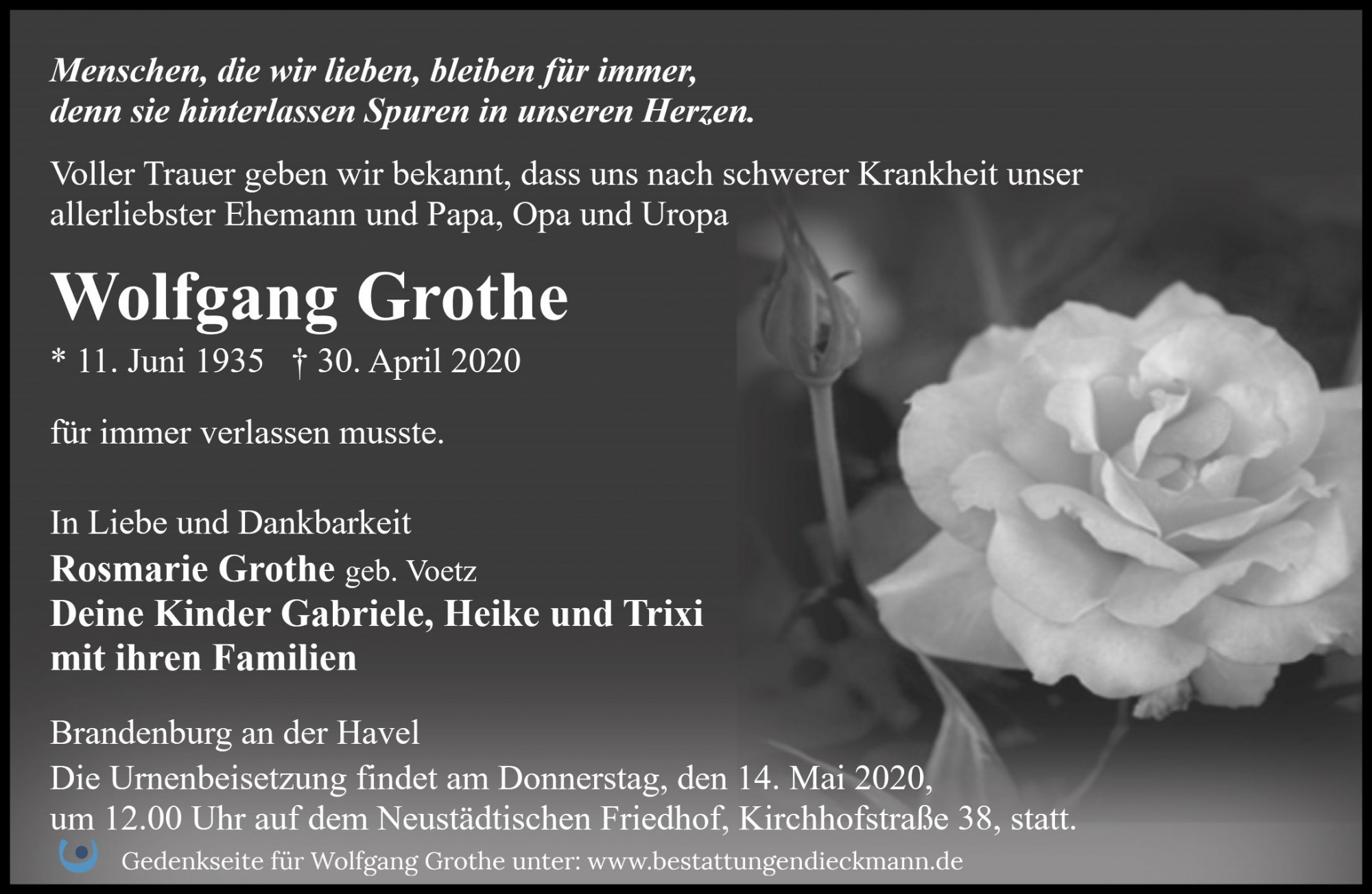 Traueranzeige von Wolfgang Grothe