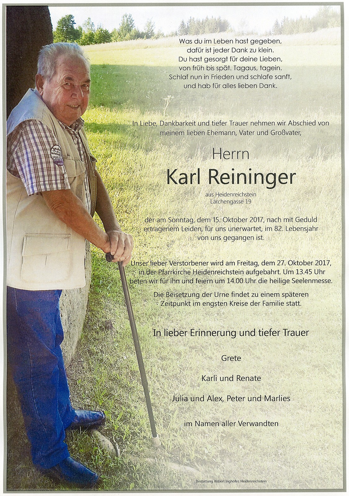 Traueranzeige von Karl Reininger
