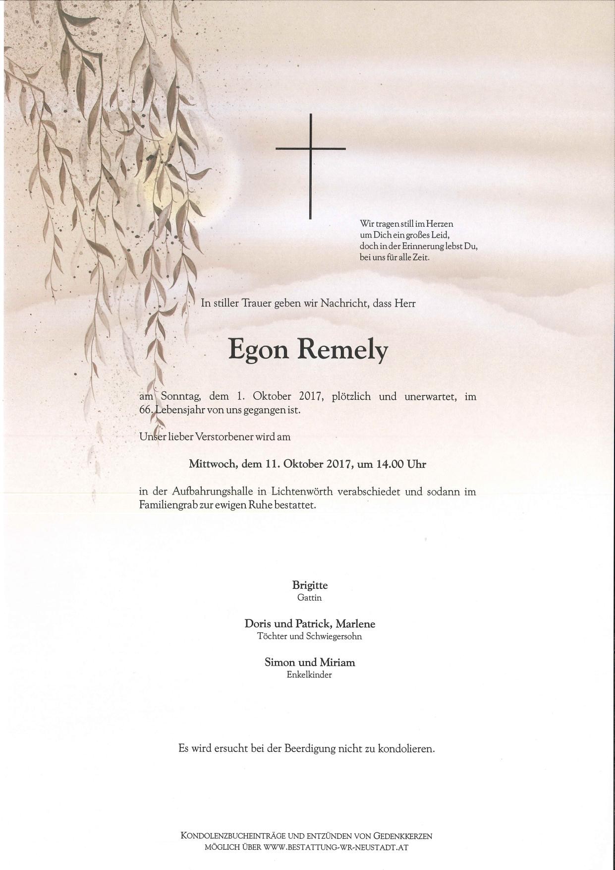 Traueranzeige von Egon Remely