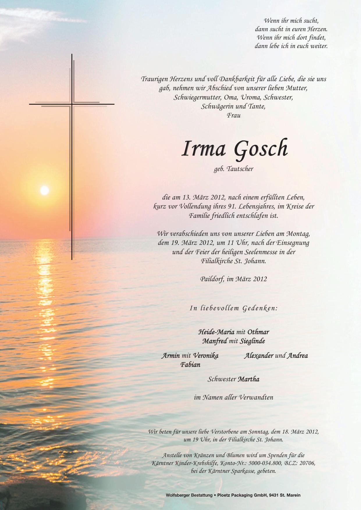 Traueranzeige von Irma Gosch
