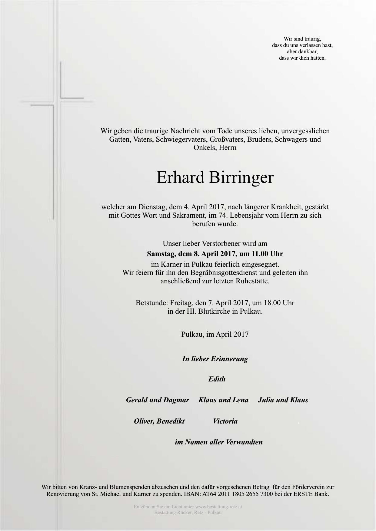 Traueranzeige von Erhard Birringer