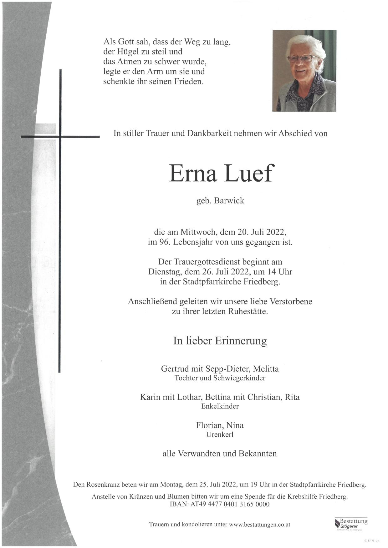 Traueranzeige von Erna Luef