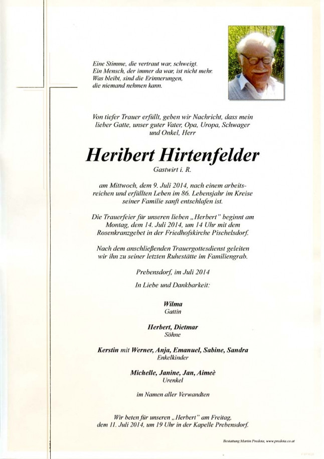 Traueranzeige von Heribert Hirtenfelder