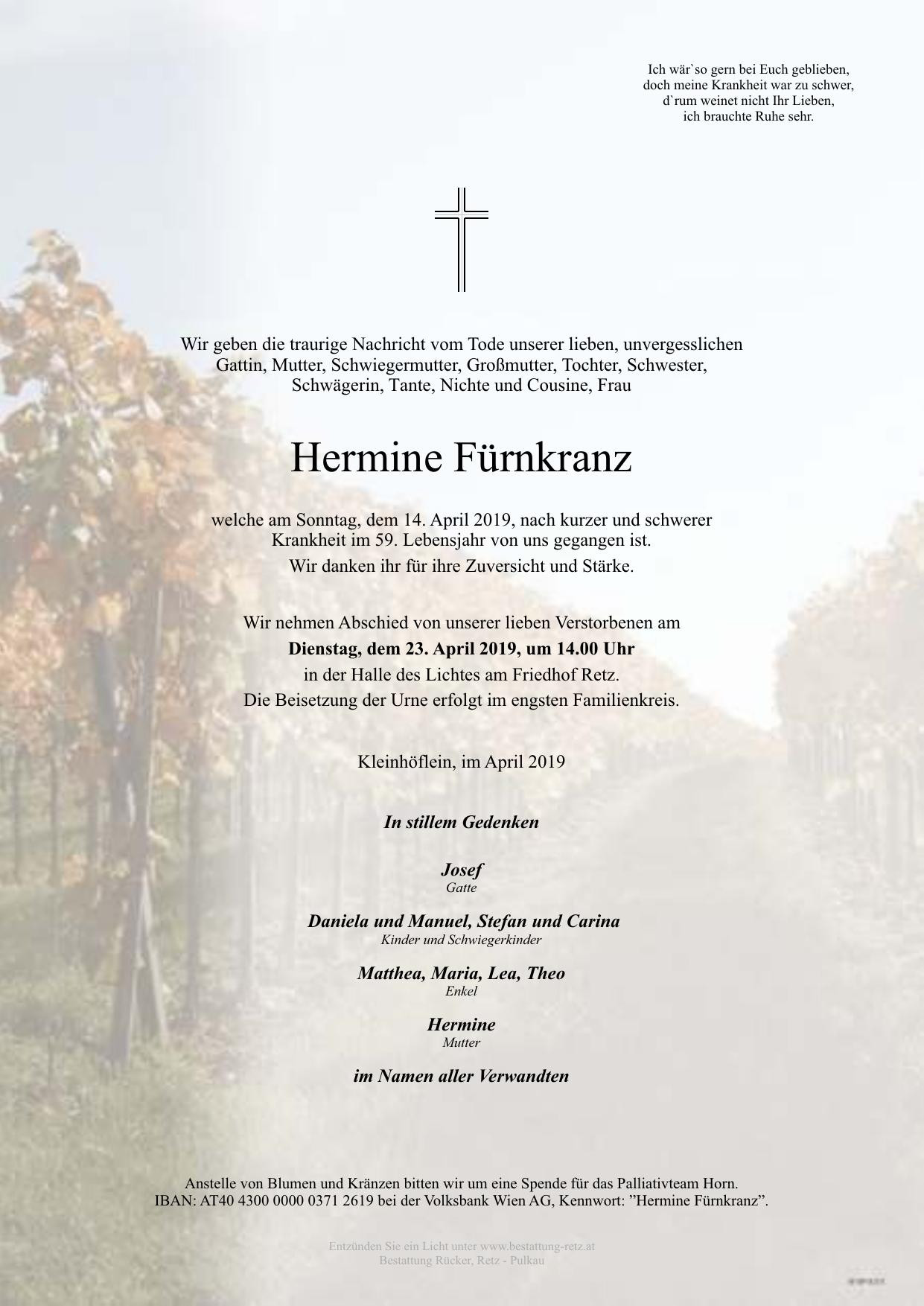 Traueranzeige von Hermine Fürnkranz