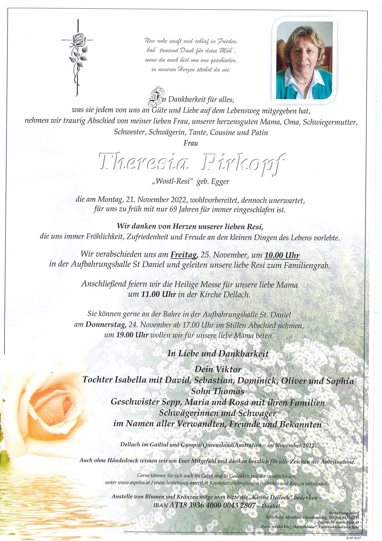 Traueranzeige von Theresia Pirkopf
