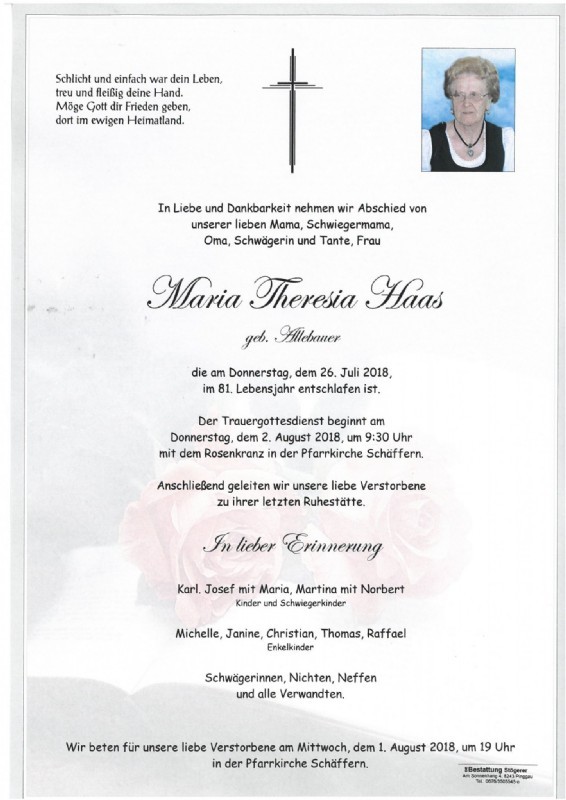 Traueranzeige von Maria Theresia Haas