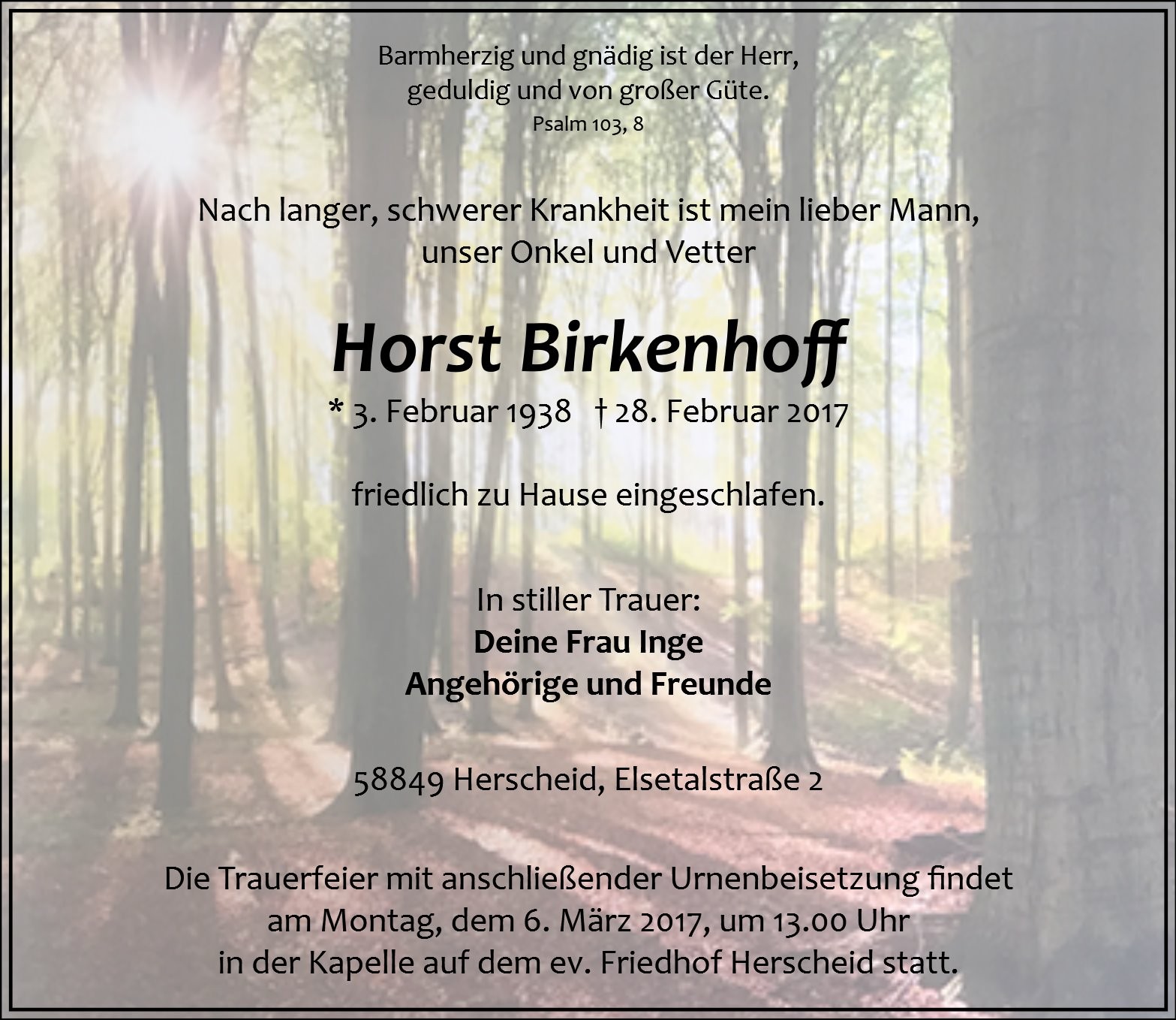 Traueranzeige von Horst Birkenhoff