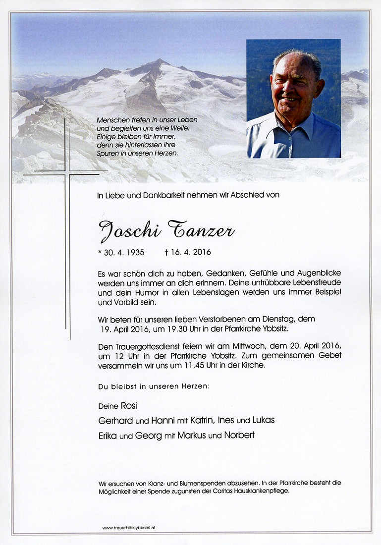 Traueranzeige von Josef Tanzer