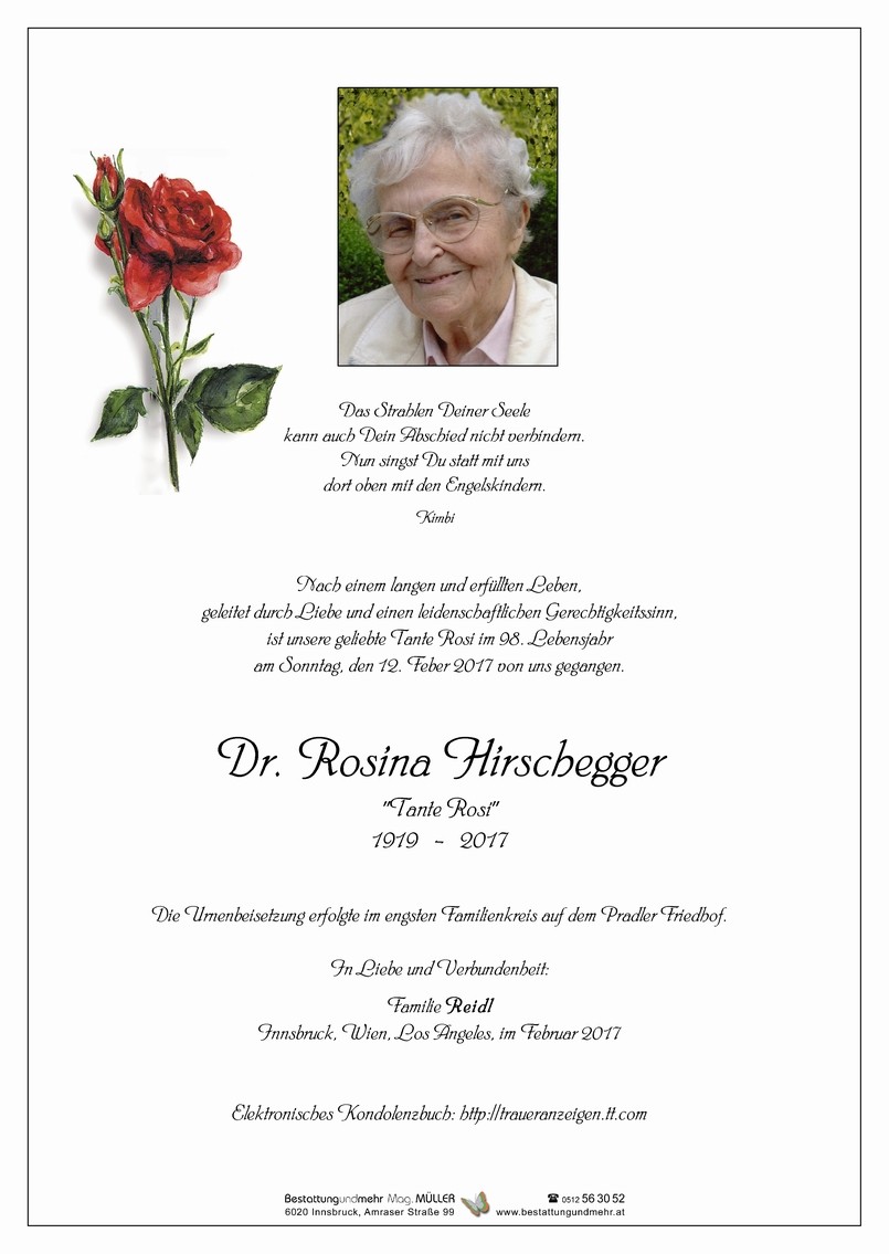 Traueranzeige von Dr. Rosina Hirschegger