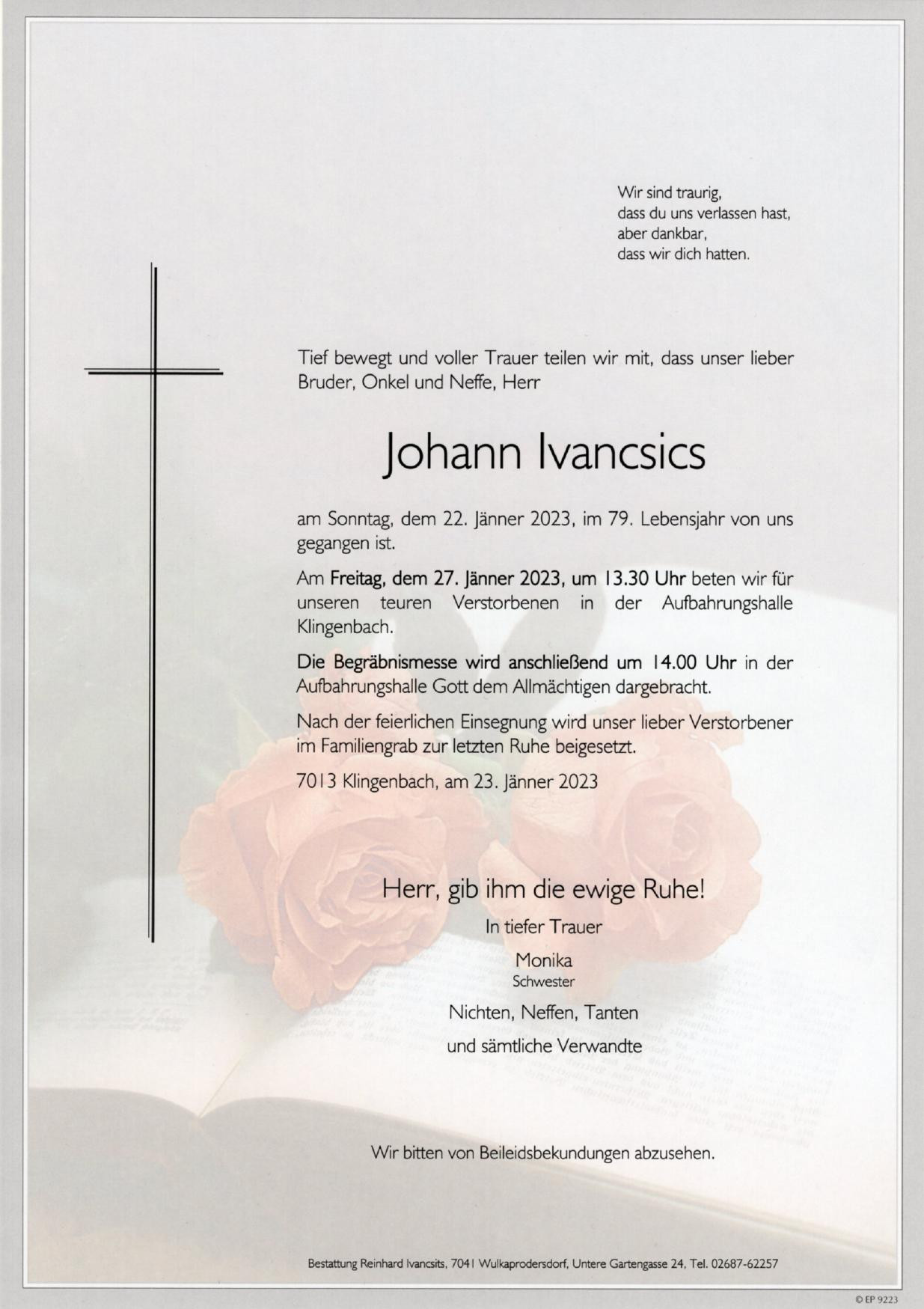 Traueranzeige von Johann Ivancsics