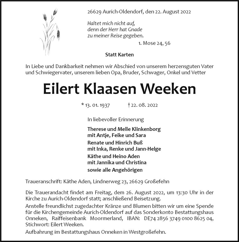 Traueranzeige von Eilert Weeken