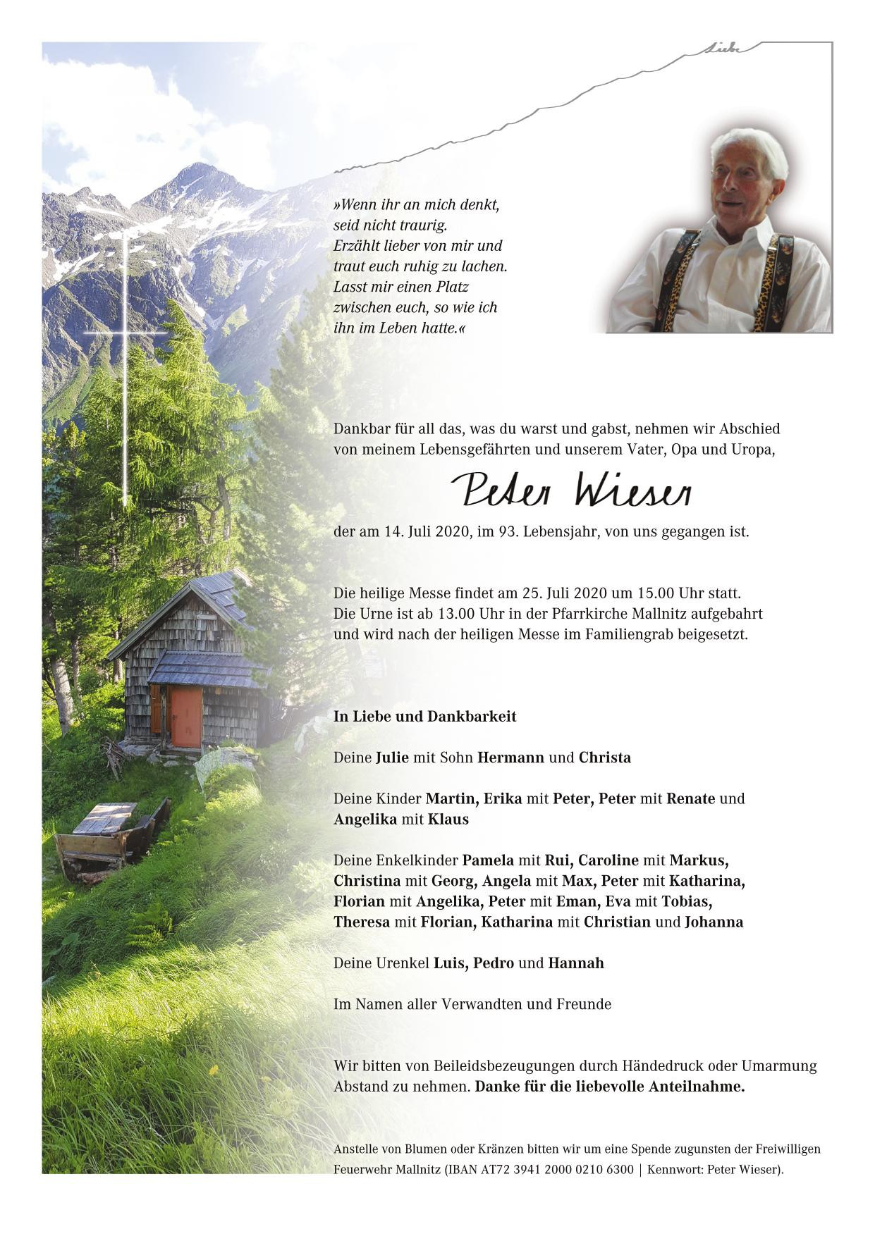Traueranzeige von Peter Wieser
