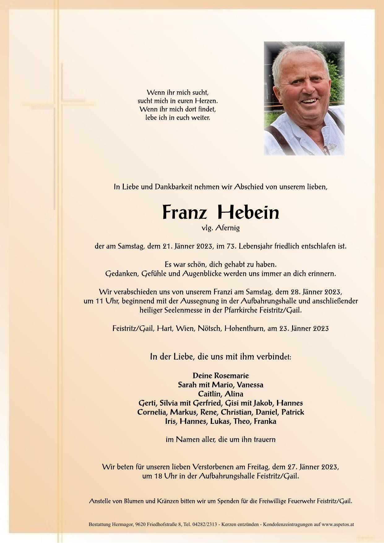 Traueranzeige von Franz Hebein