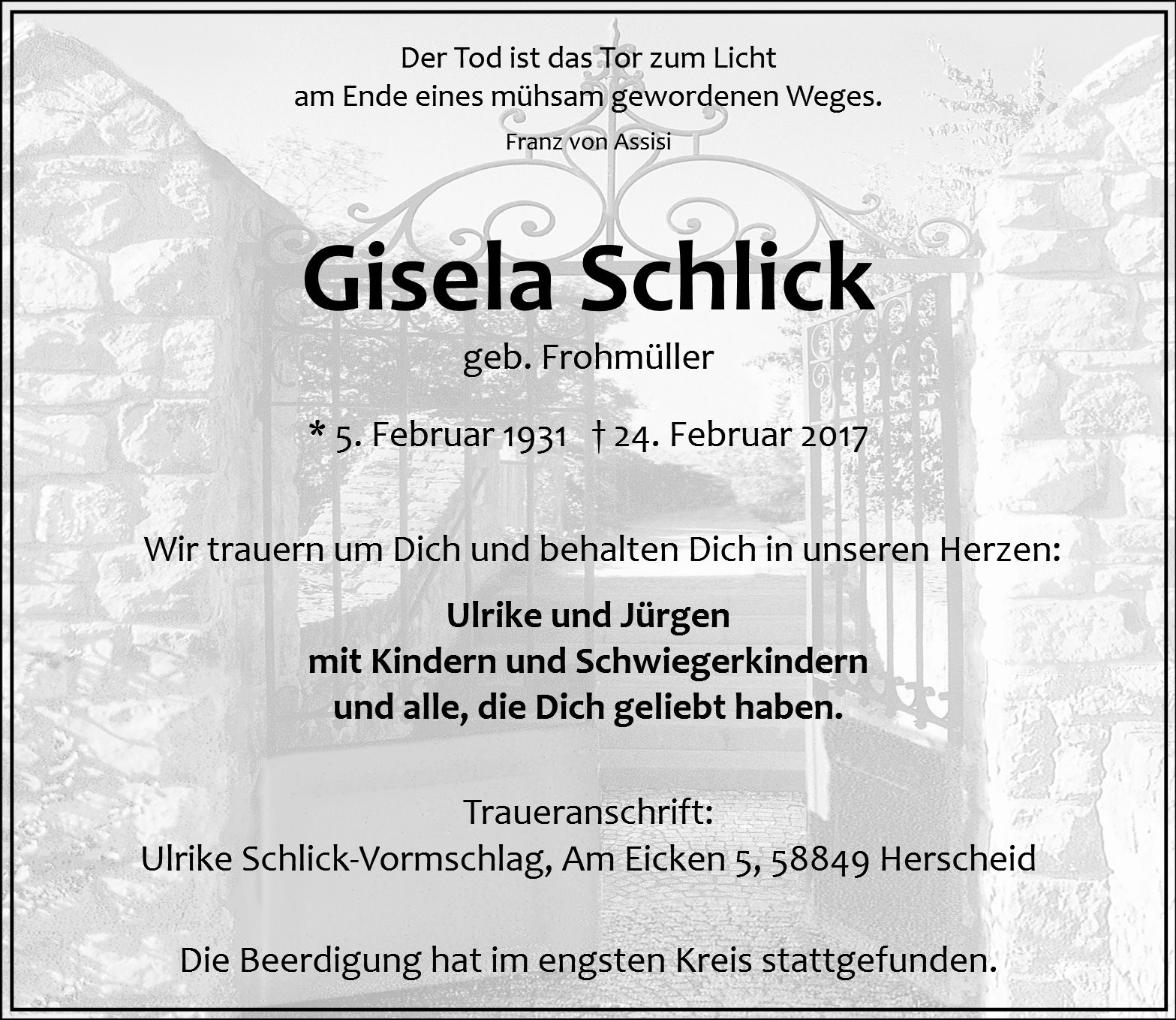 Traueranzeige von Gisela Schlick