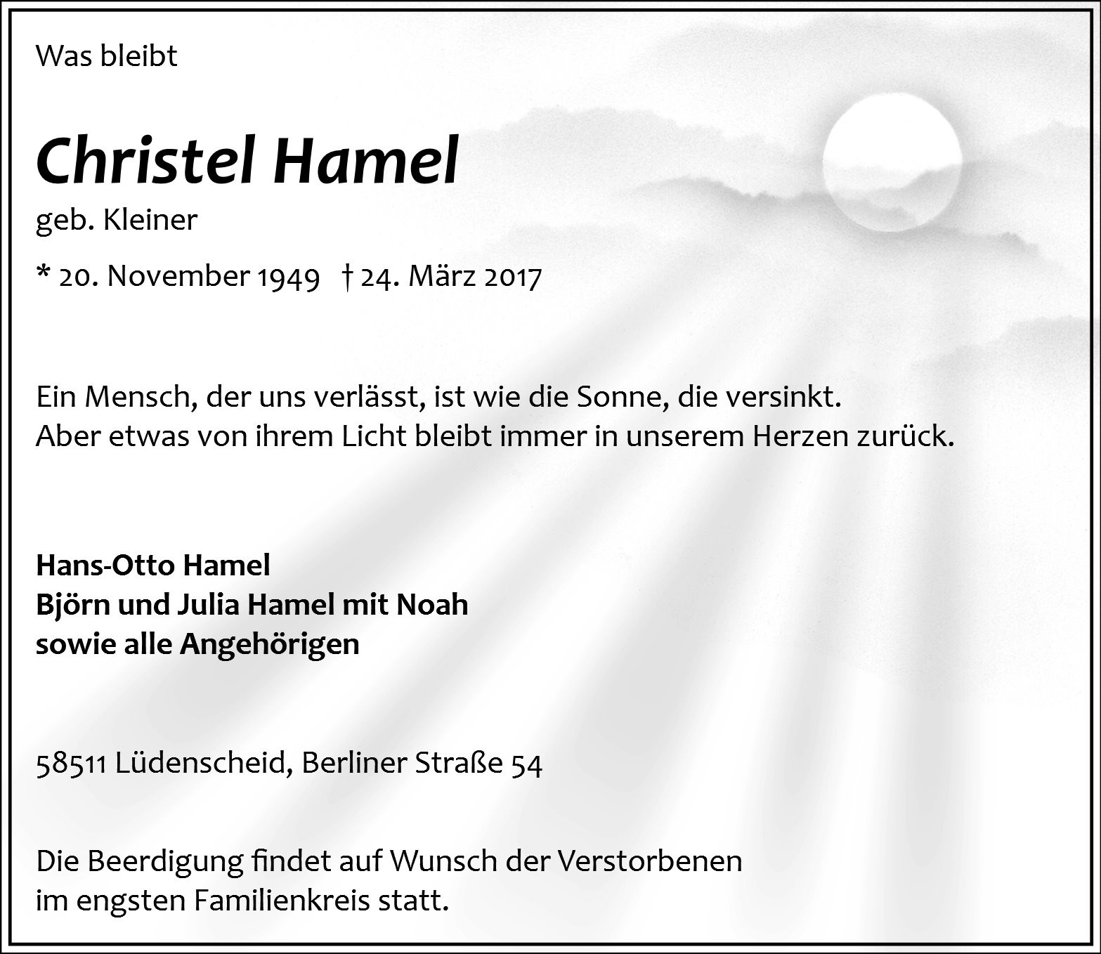 Traueranzeige von Christel Hamel
