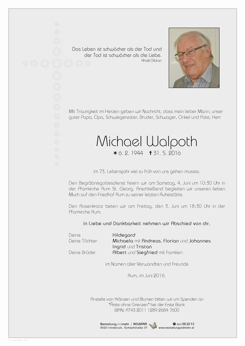 Traueranzeige von Michael Walpoth