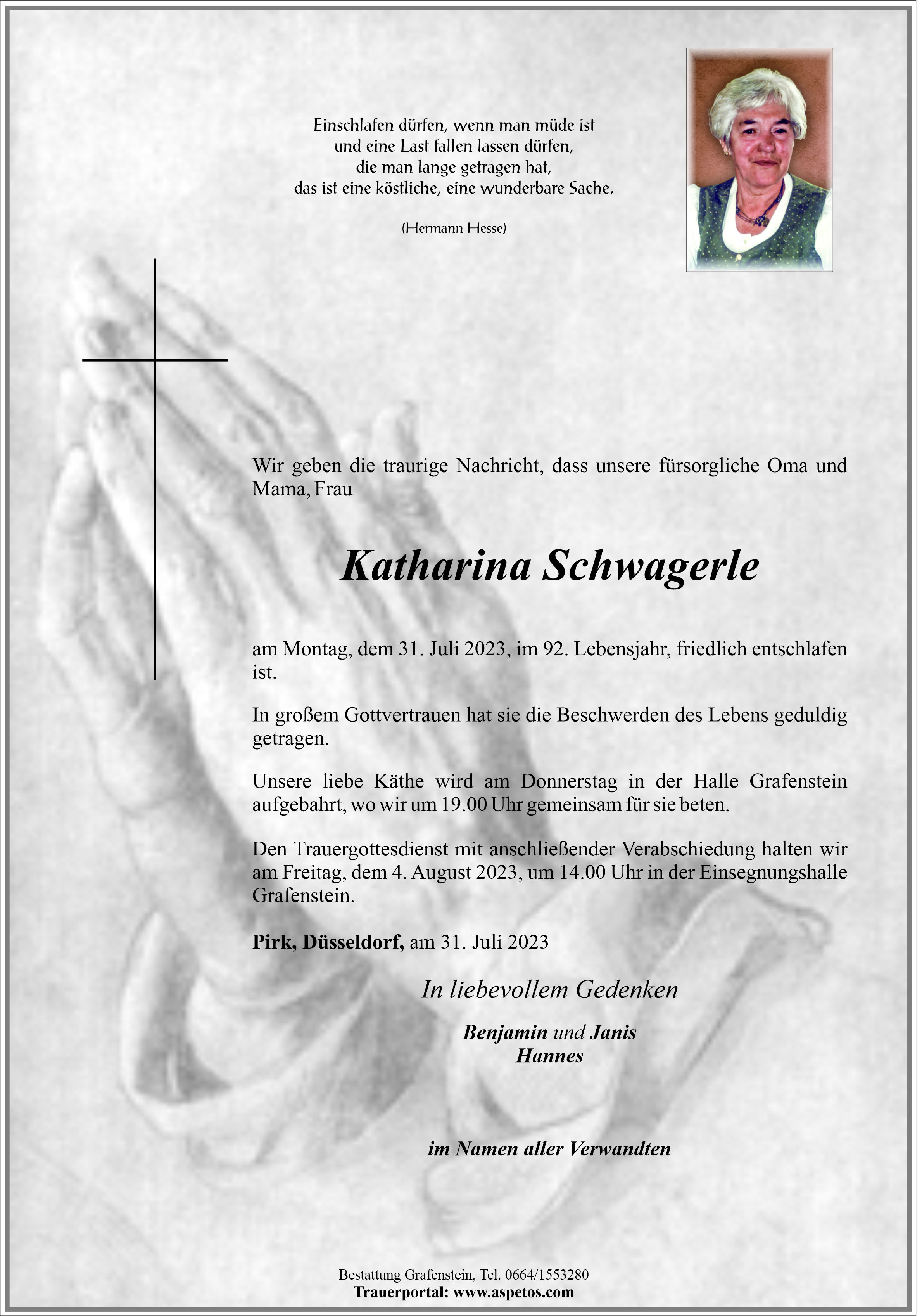 Traueranzeige von Katharina Schwagerle
