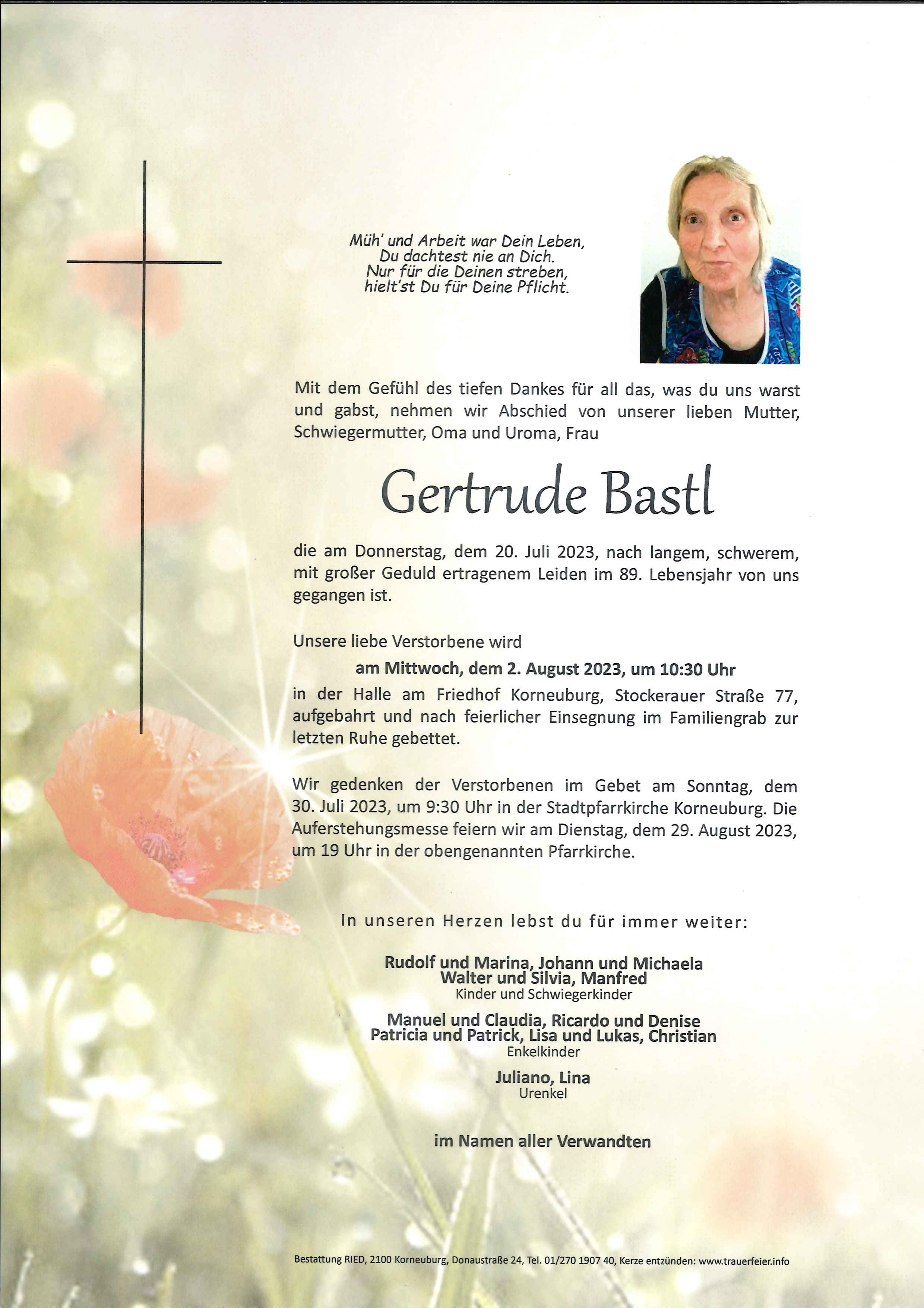 Traueranzeige von Gertrude Bastl