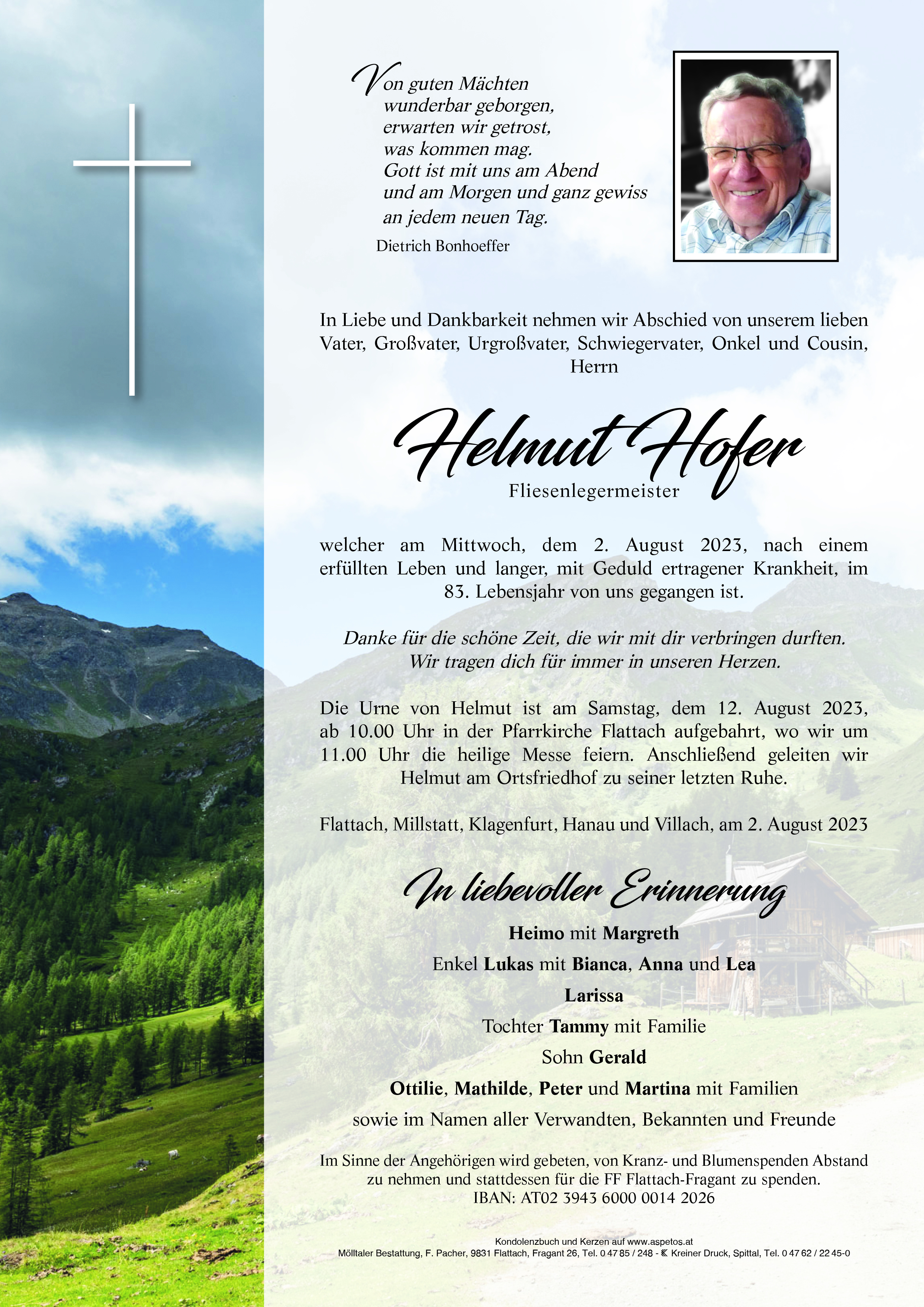 Traueranzeige von Helmut Hofer