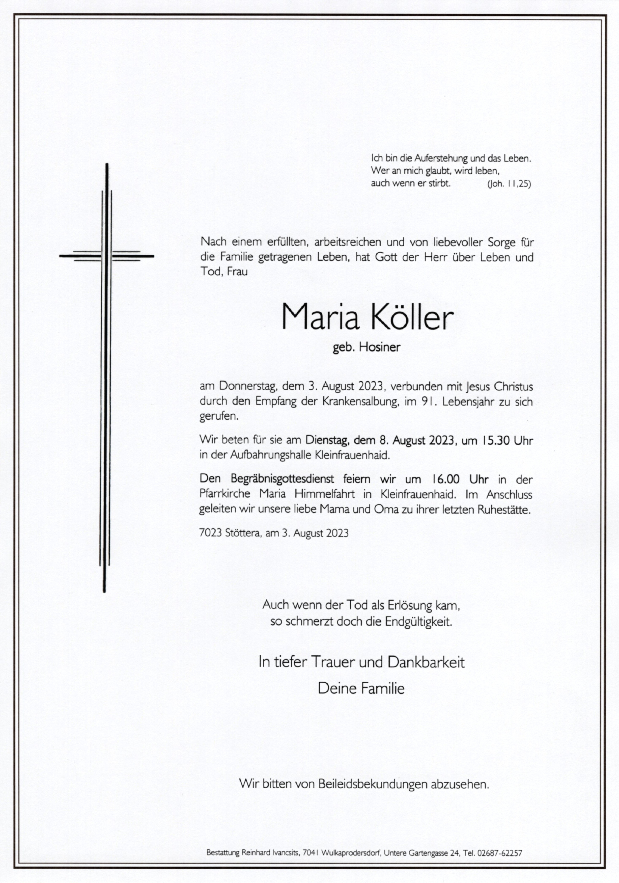 Traueranzeige von Maria Köller