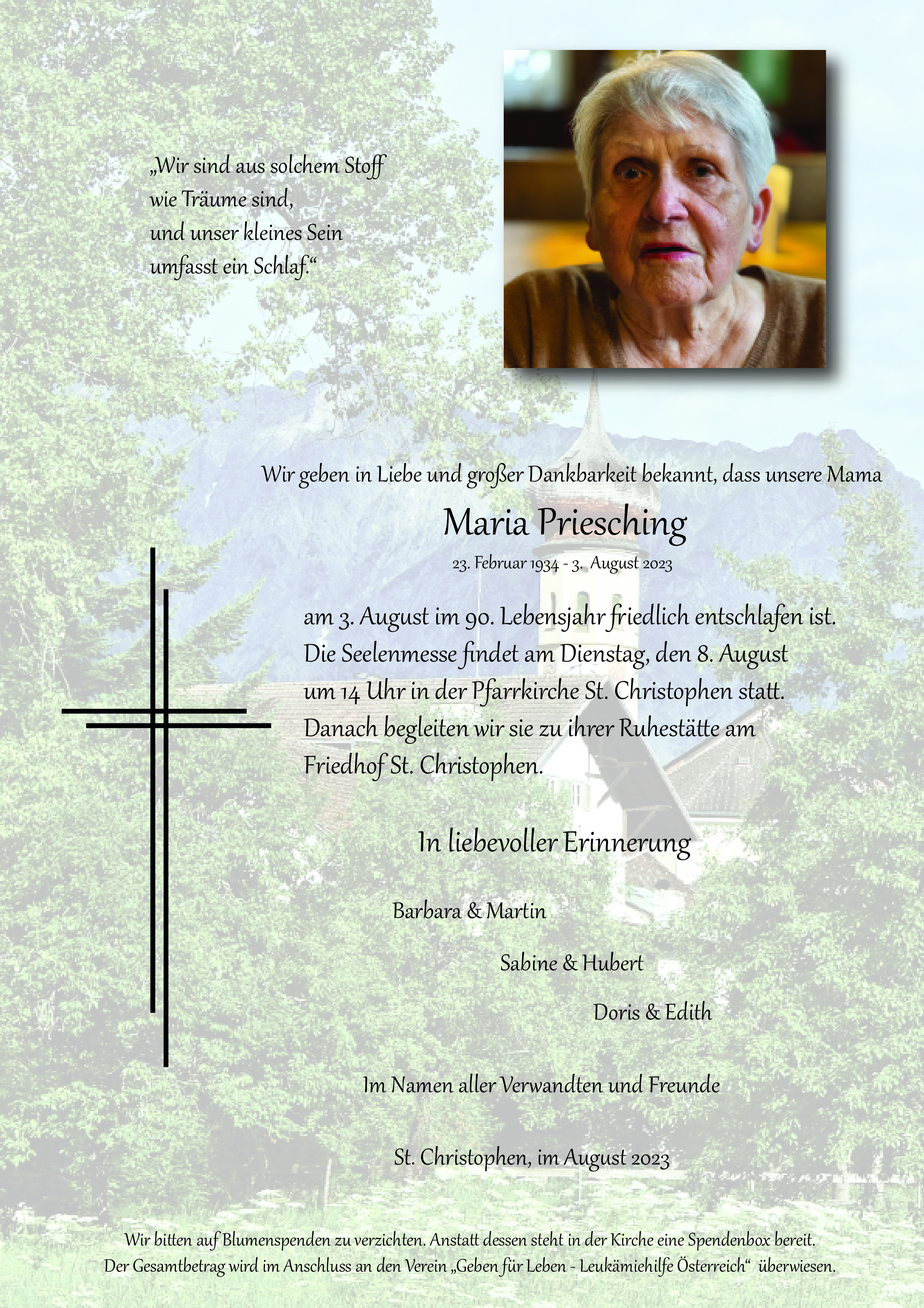 Traueranzeige von Maria  Priesching