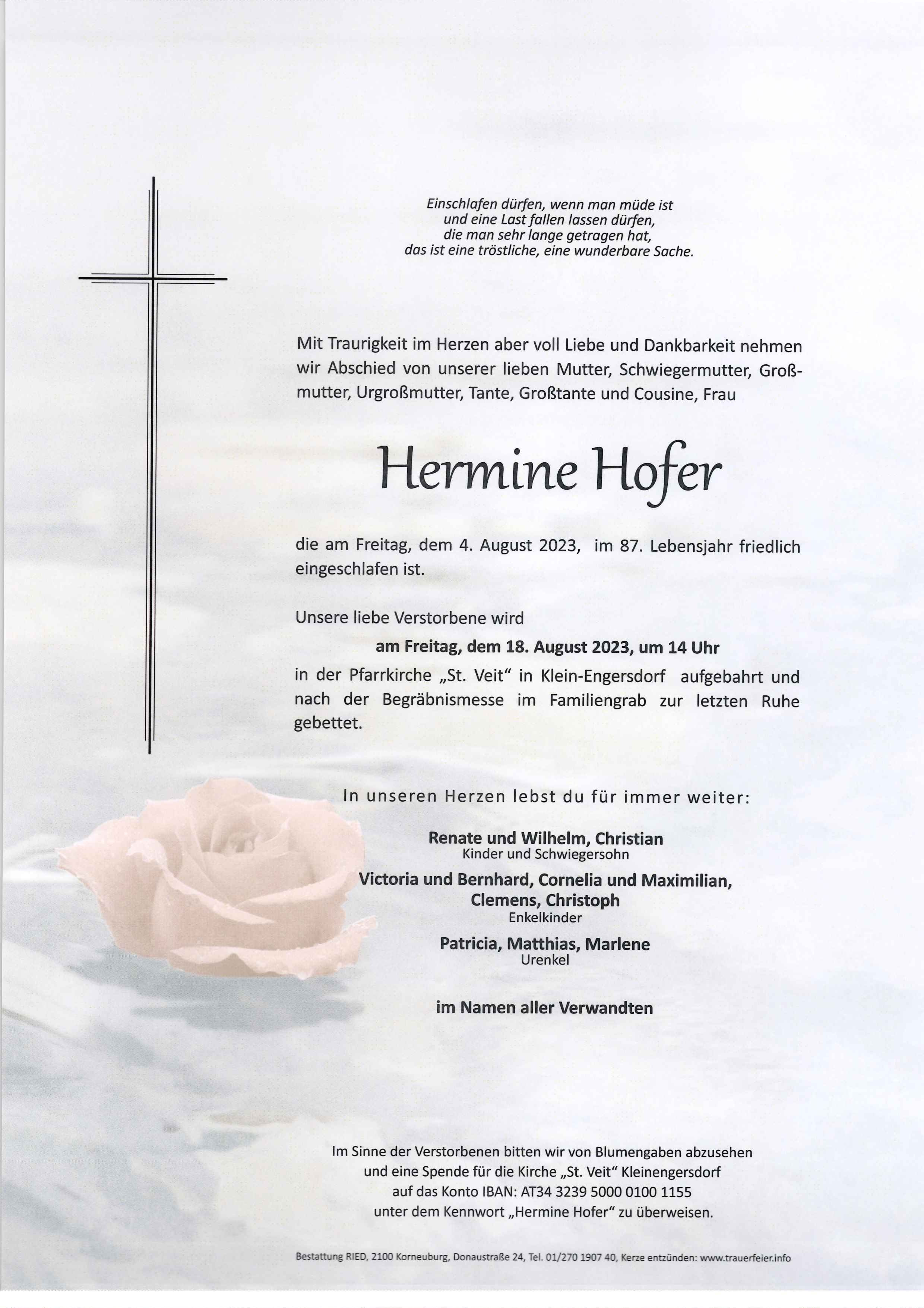 Traueranzeige von Hermine  Hofer