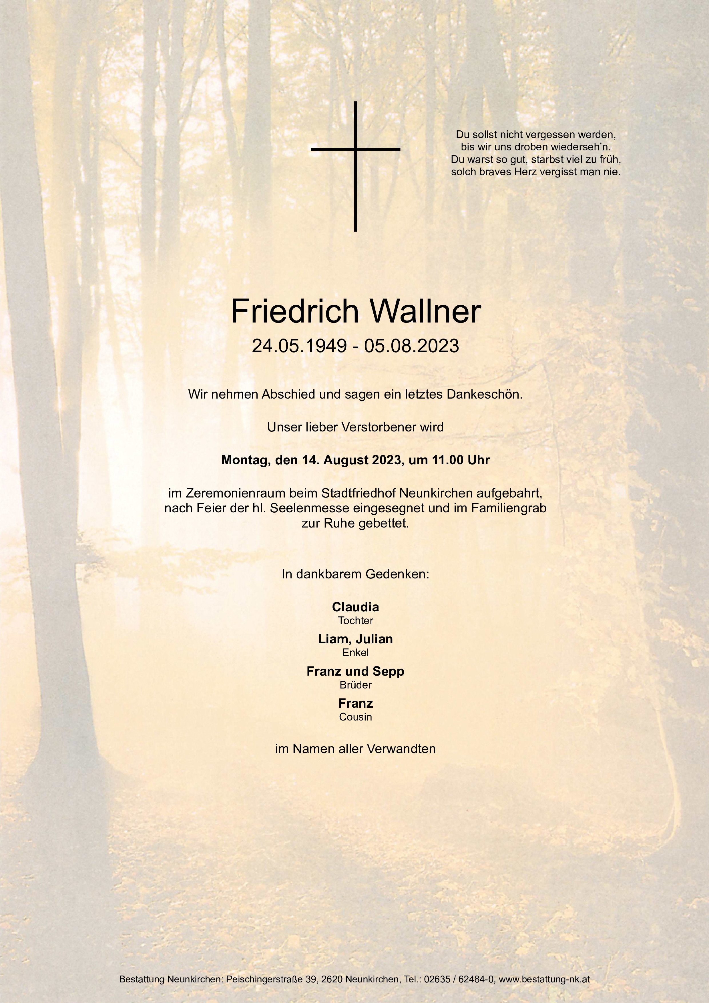 Traueranzeige von Friedrich Wallner