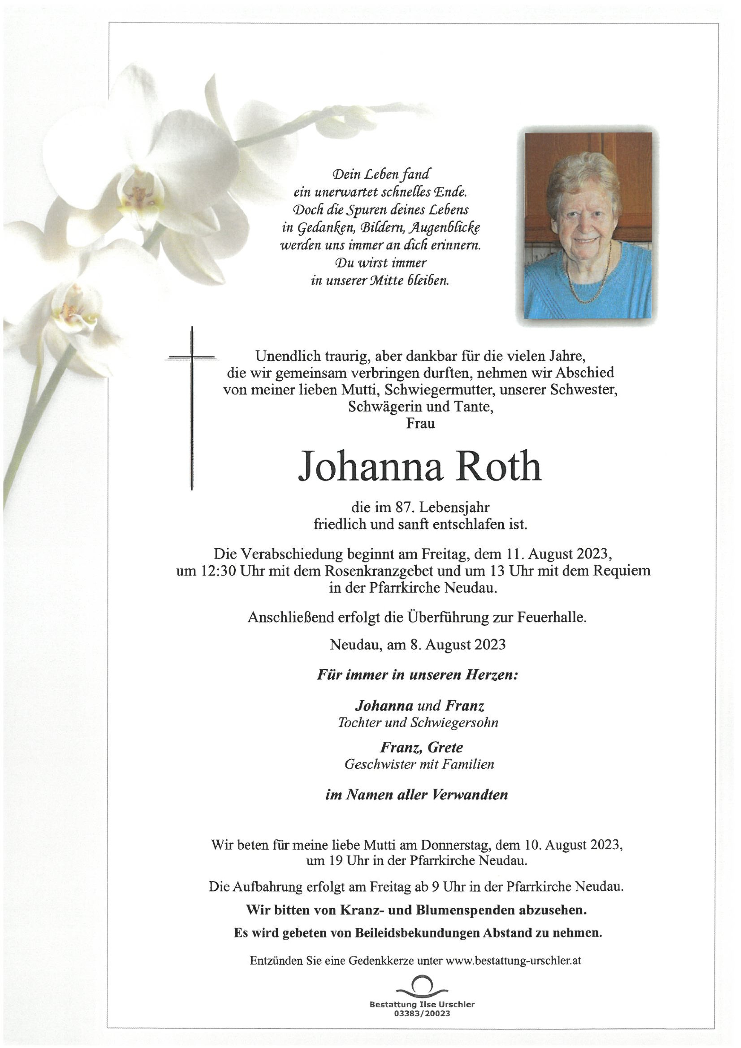 Traueranzeige von Johanna Roth