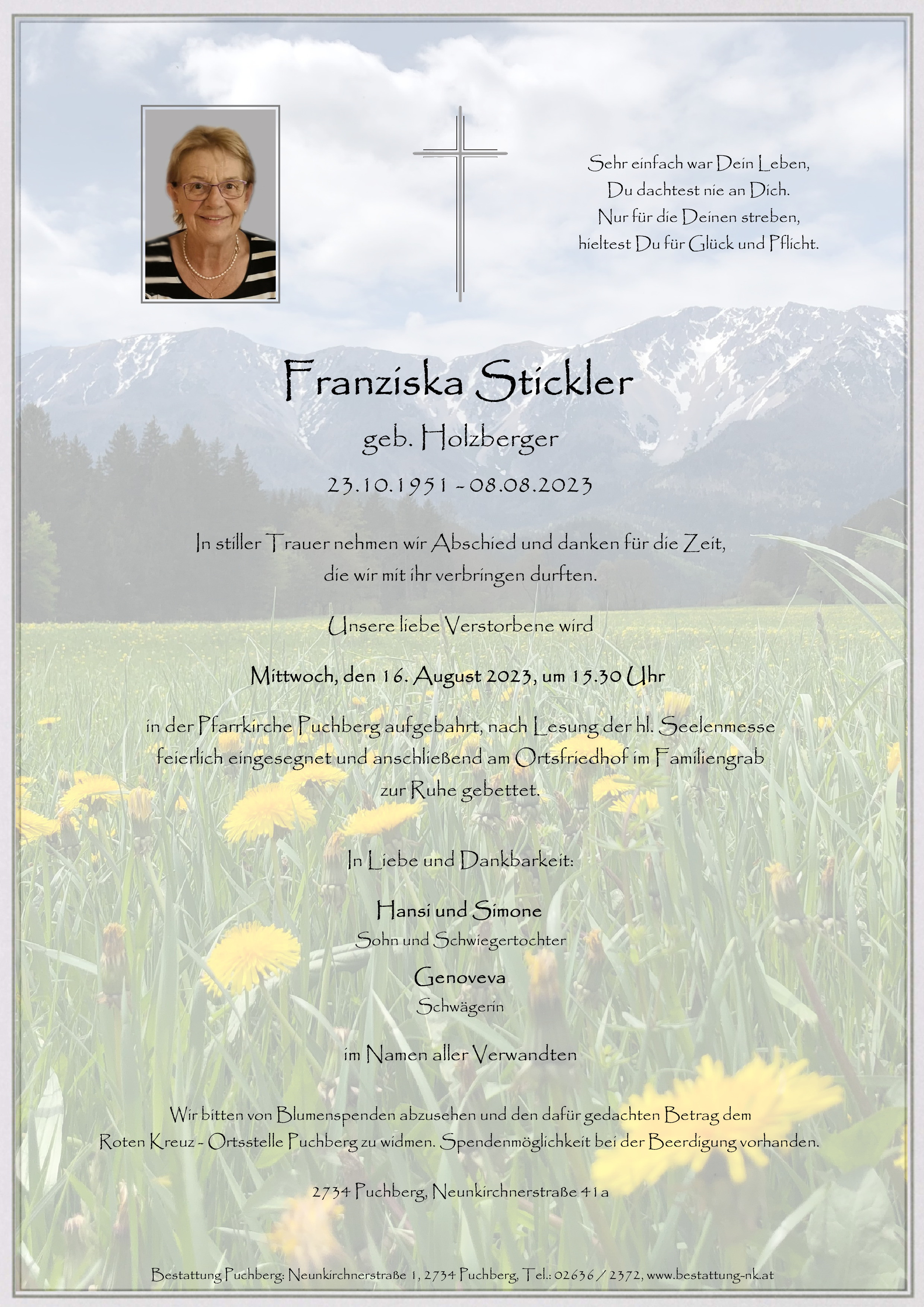 Traueranzeige von Franziska Stickler