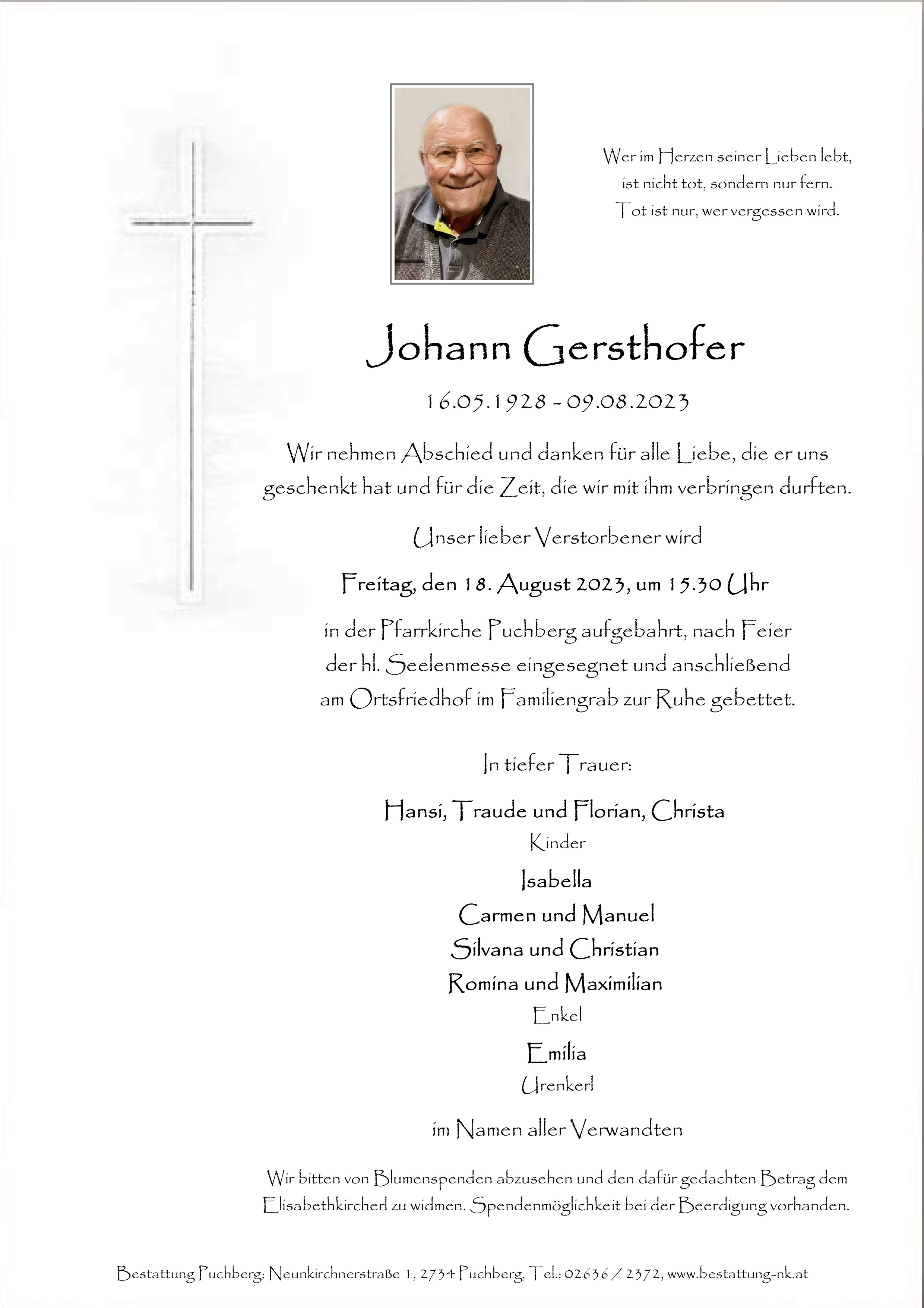 Traueranzeige von Johann Gersthofer