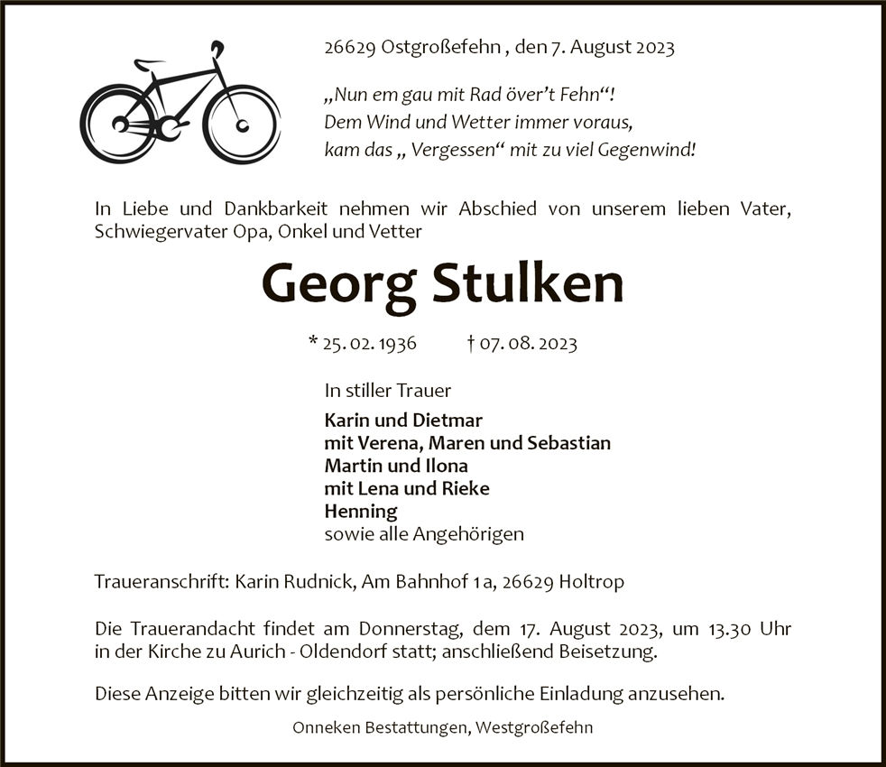 Traueranzeige von Georg Stulken