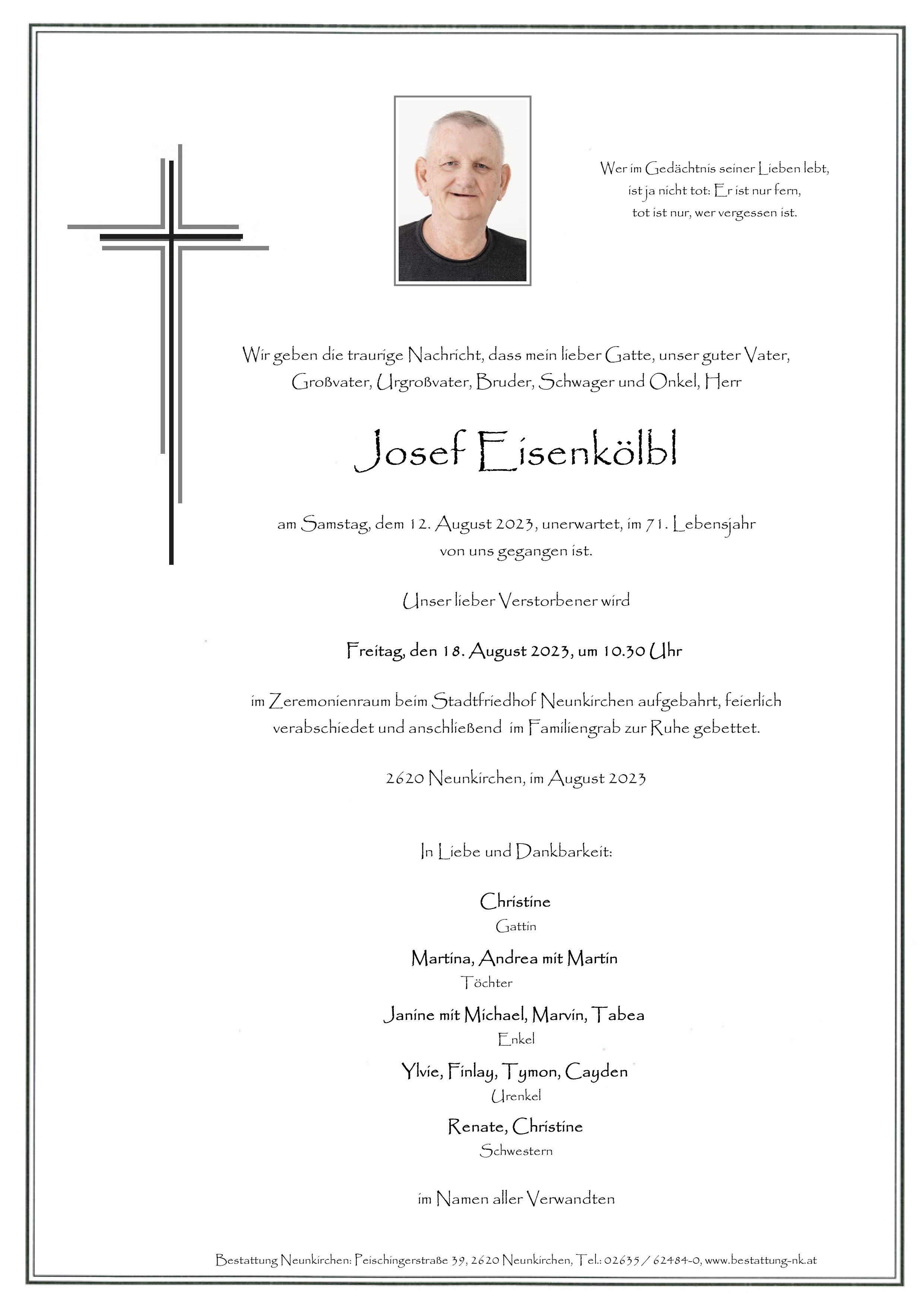 Traueranzeige von Josef Eisenkölbl