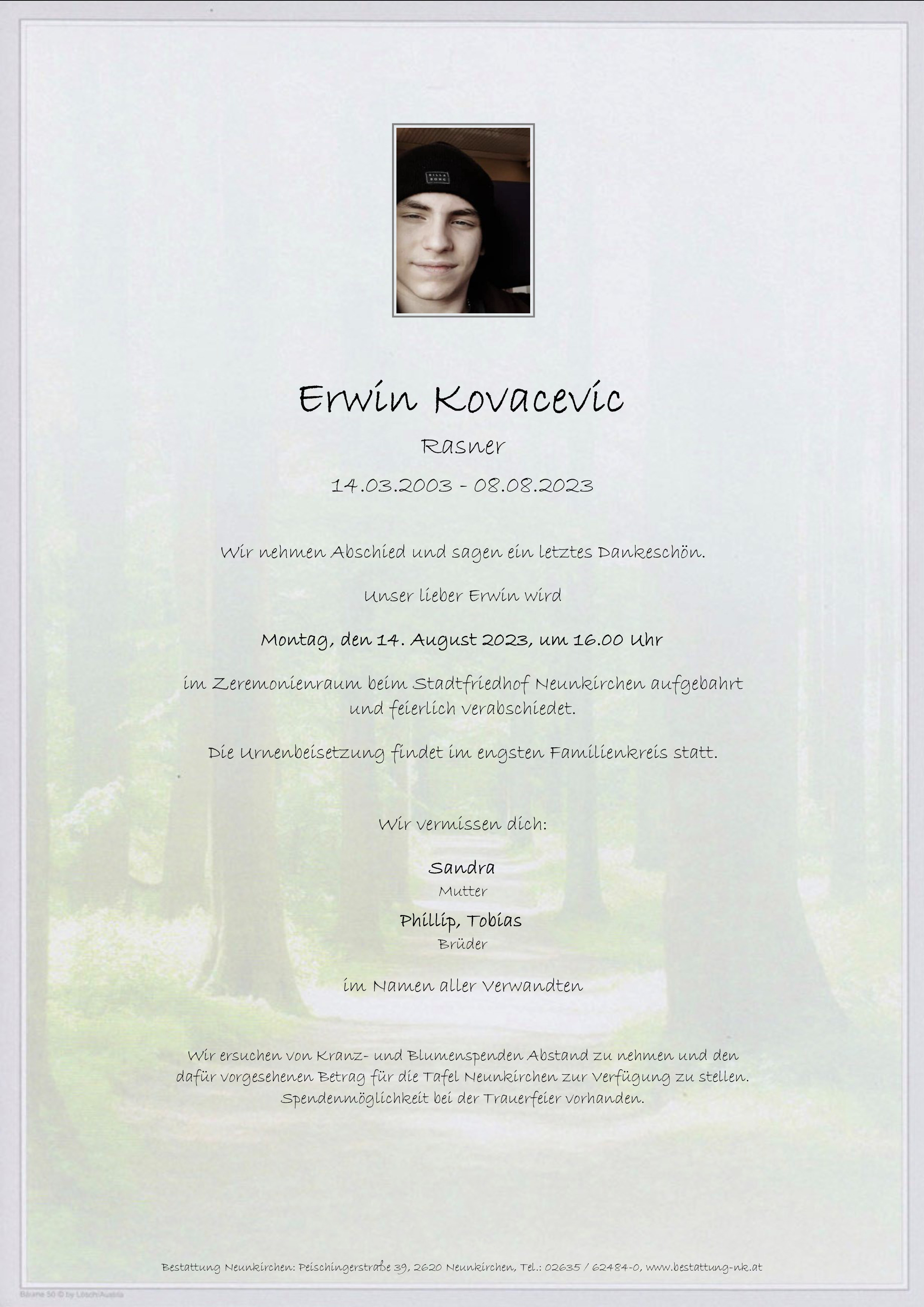 Traueranzeige von Erwin Kovacevic