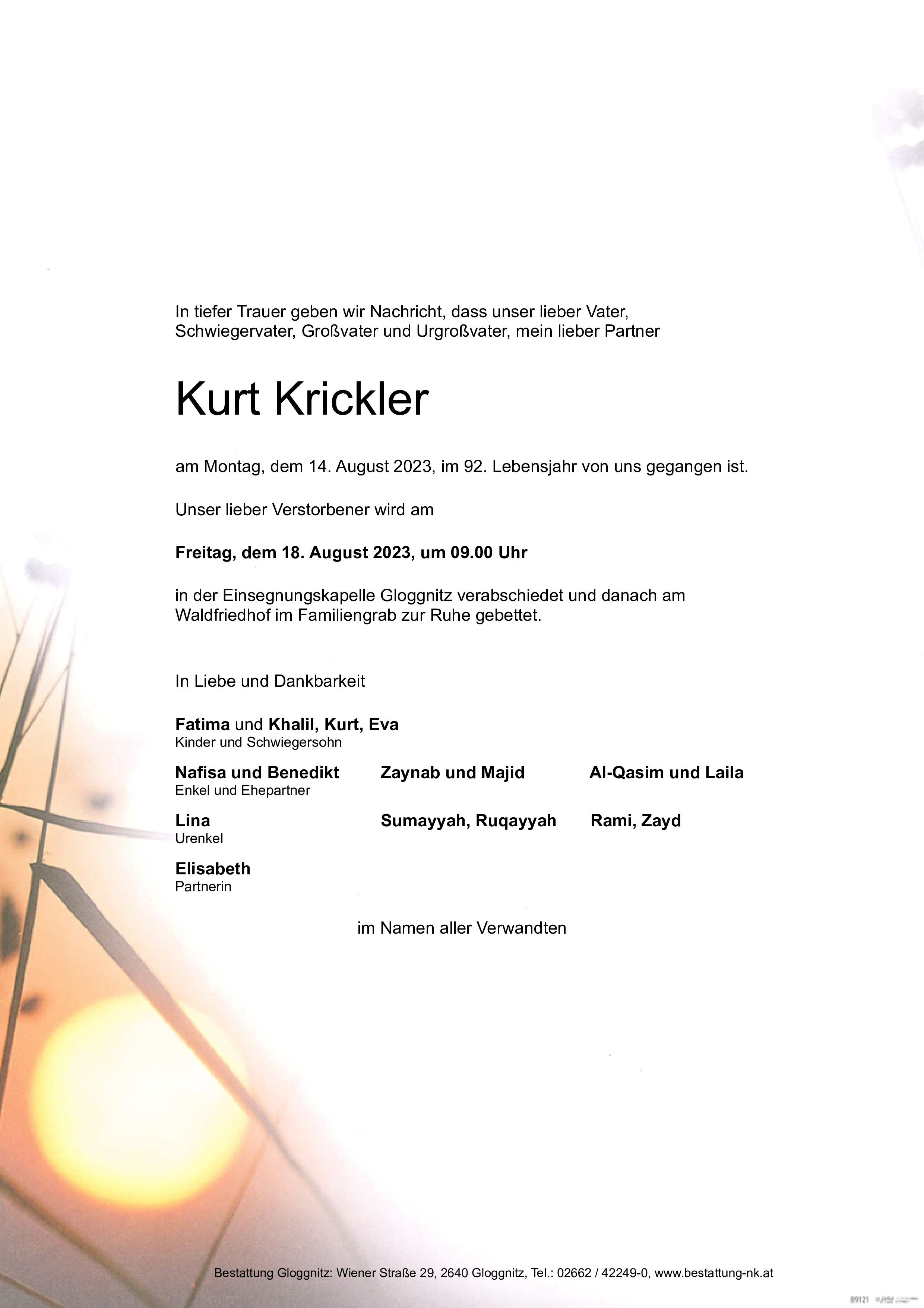 Traueranzeige von Kurt Krickler