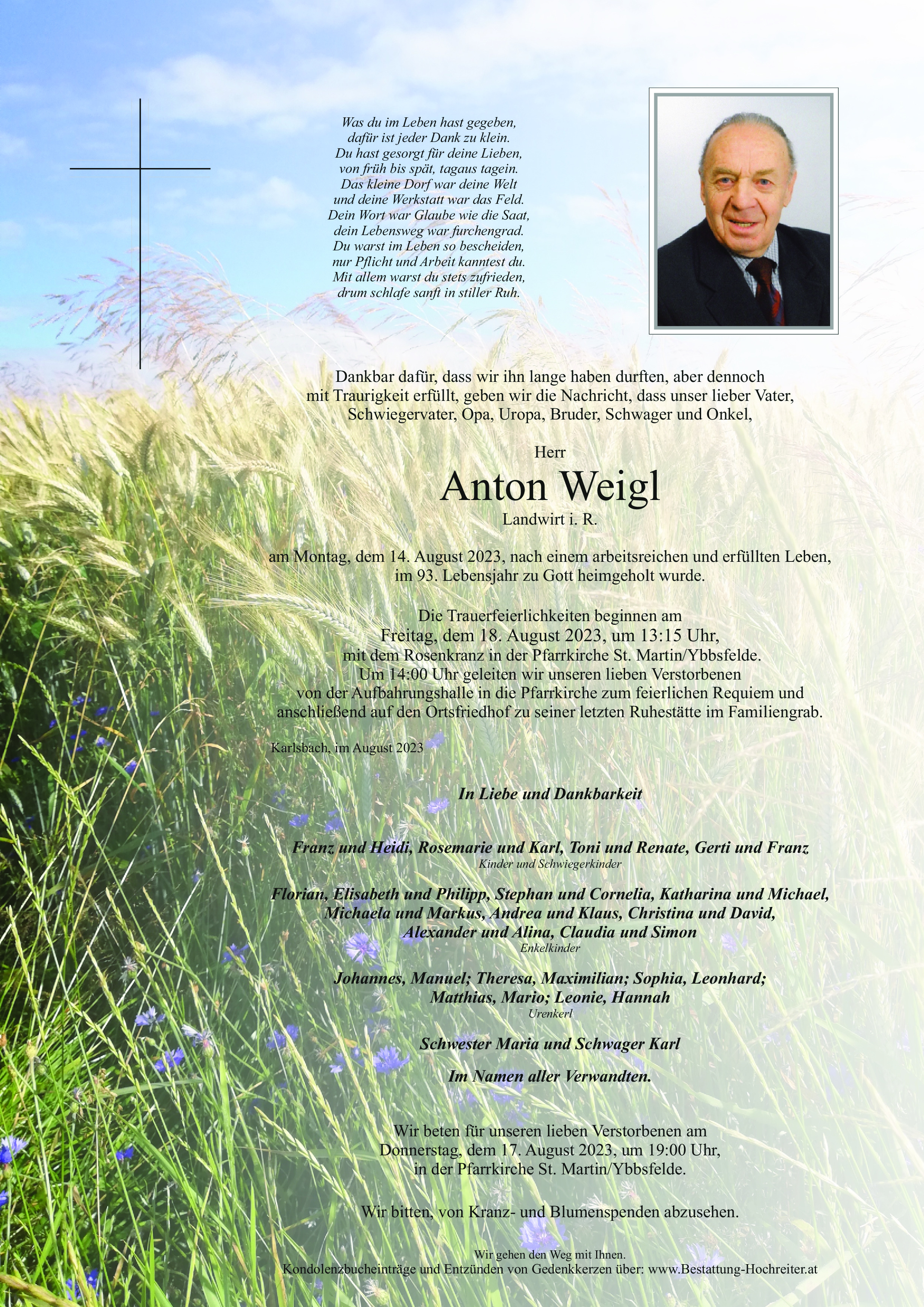 Traueranzeige von Anton Weigl